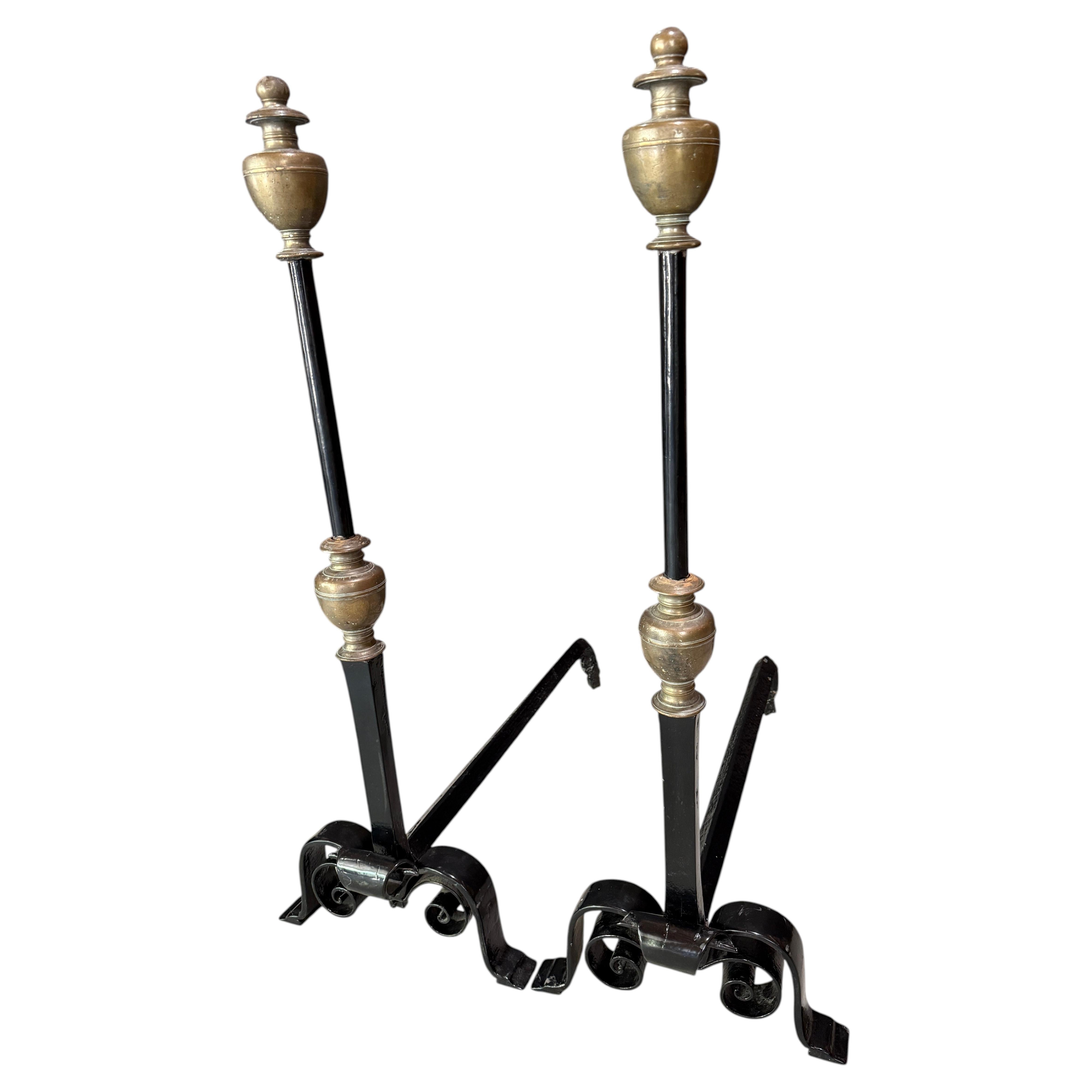 Monumental Brass and forged Iron Andirons For Sale