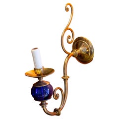 Pair of Dutch-Style Massive Brass and Hand-Blown Cobalt Blue Glass Sconces