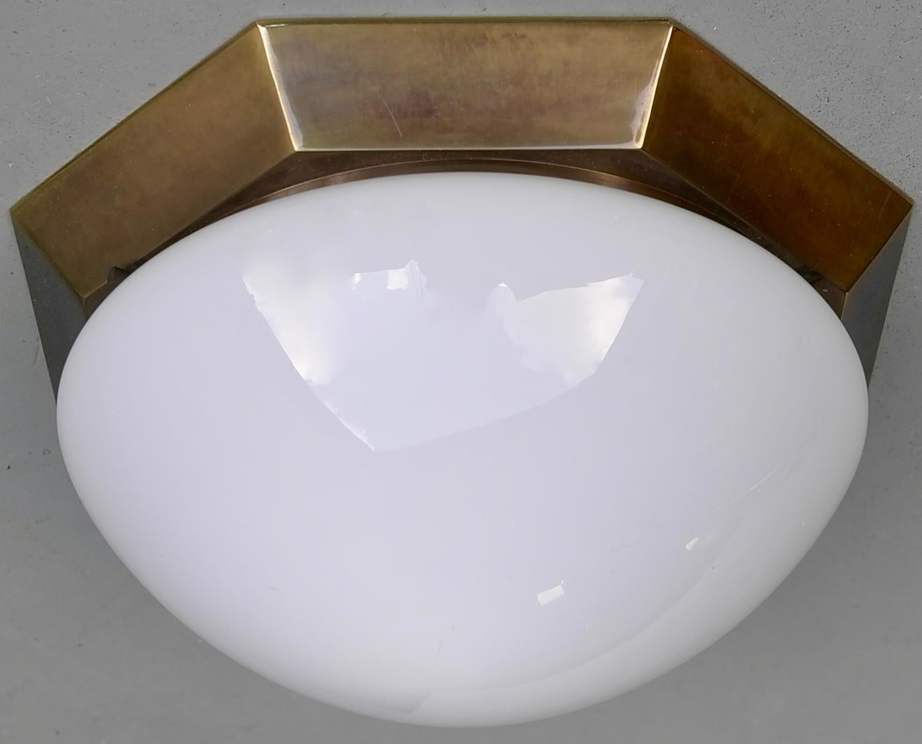 Mid-Century Modern Monumental Brass and White Glass Flushmount, Italy, 1950s