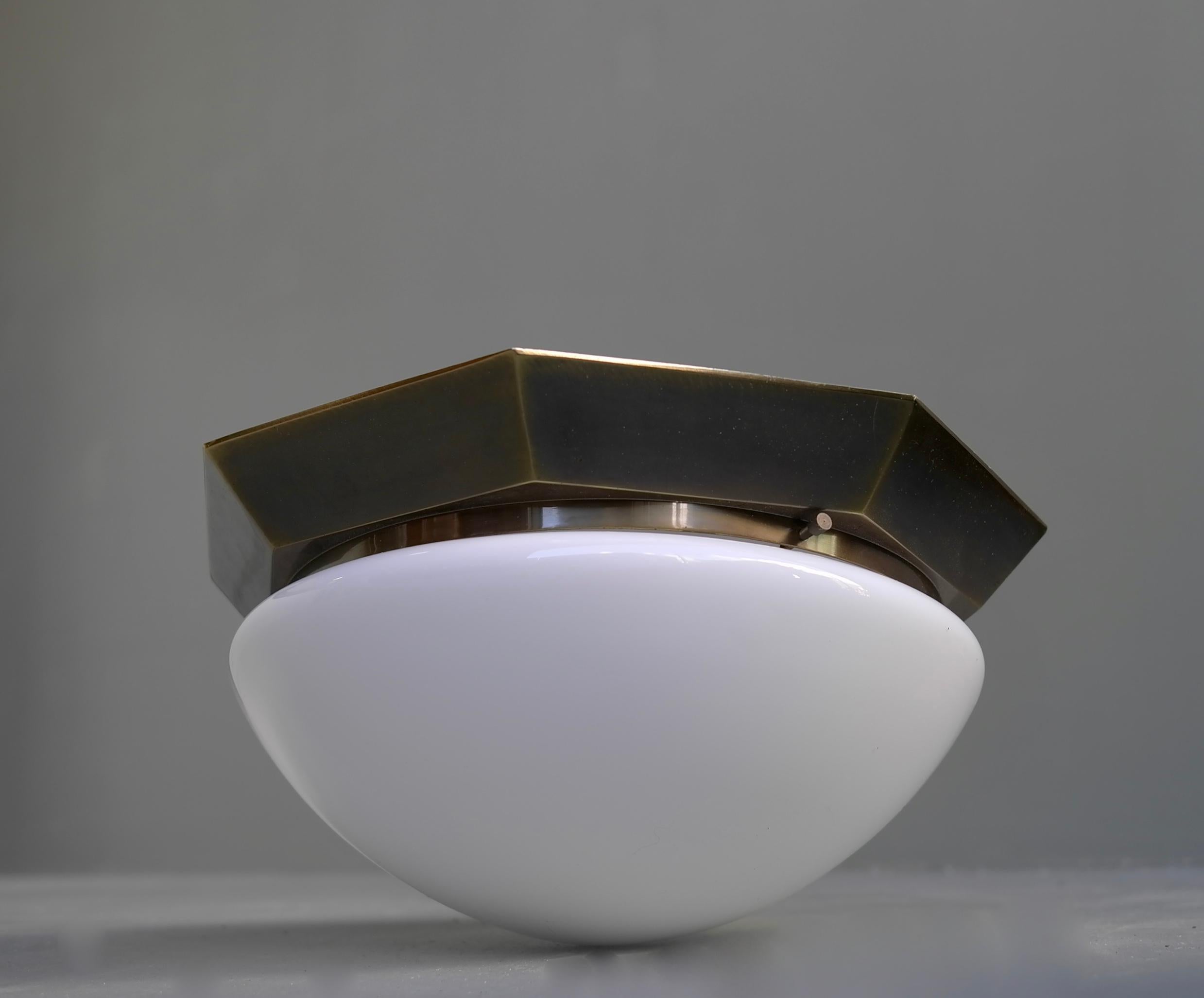 Monumental Brass and White Glass Flushmount, Italy, 1950s In Good Condition In Den Haag, NL