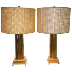 Vintage Monumental Brass Artillery Shell Trench Art Table Lamps w/ Woven Wire Shades