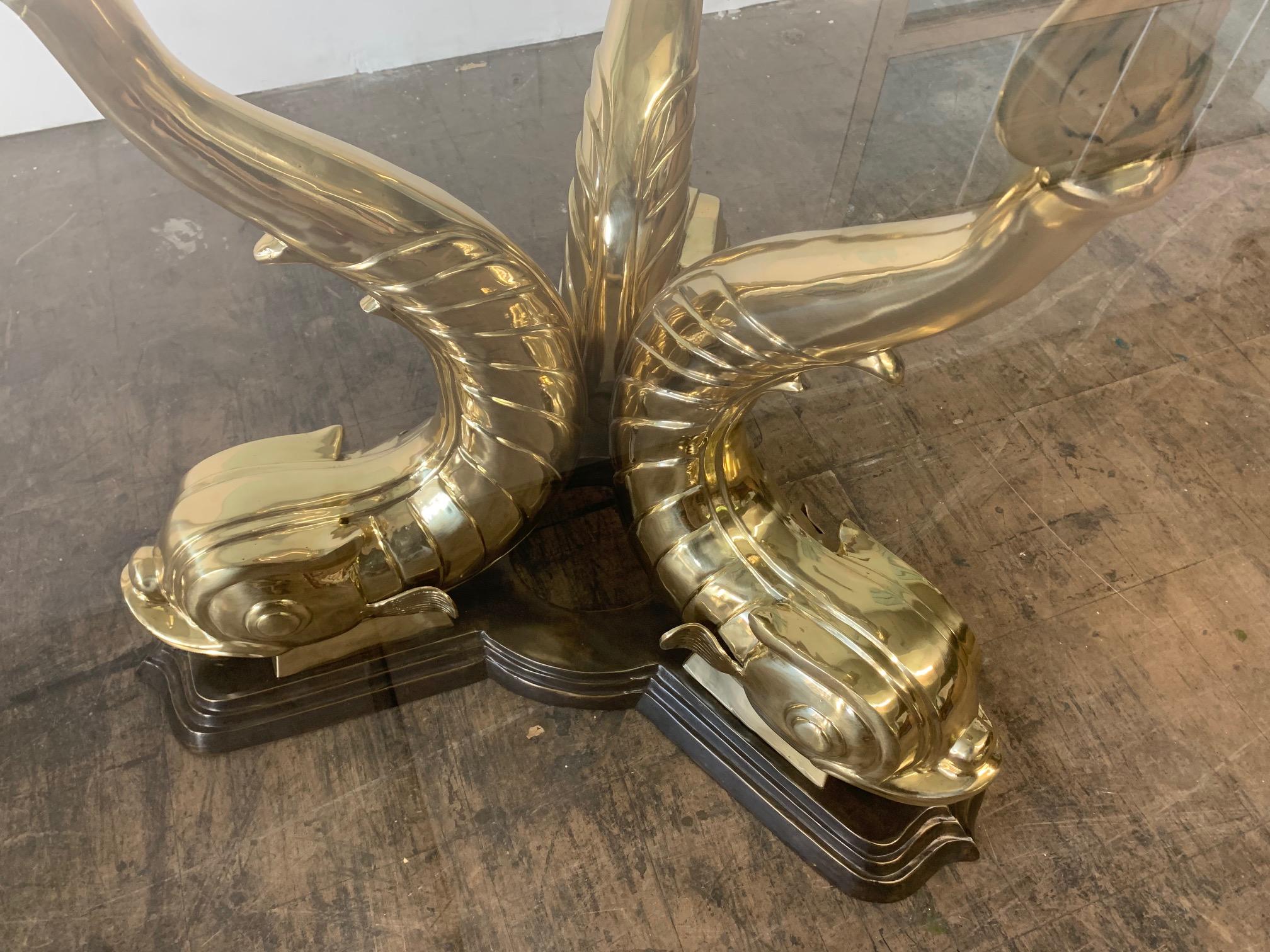 Hollywood Regency Monumental Brass Asian Dolphin Pedestal Dining Table Professionally Restored
