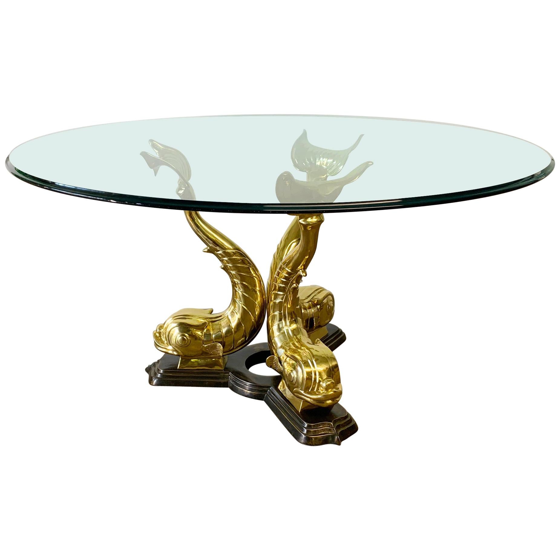 Monumental Brass Asian Dolphin Pedestal Dining Table Professionally Restored