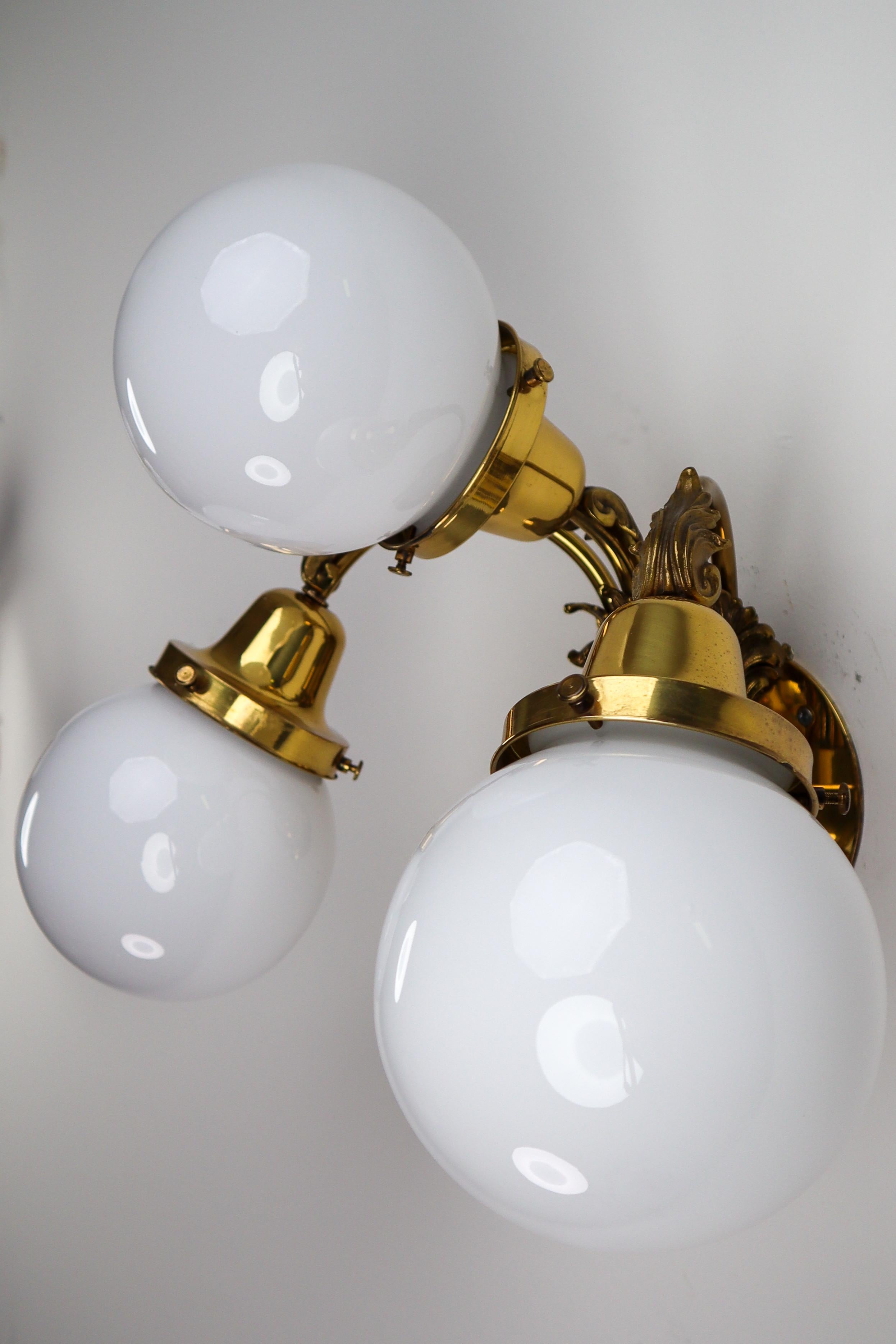 Monumental Brass Chandelier and Four Wall Lights with Opaline Glass Globes 5
