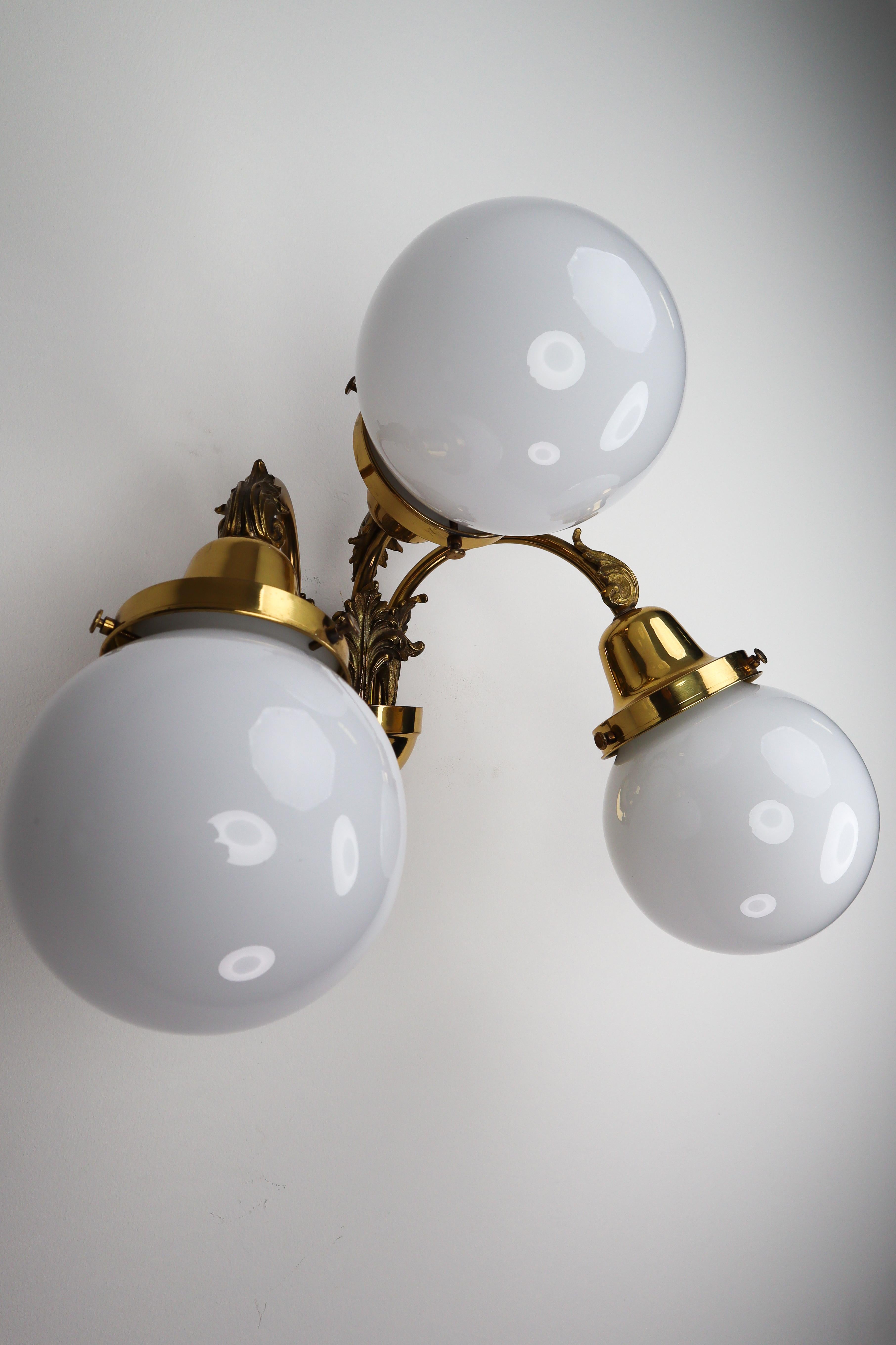 Monumental Brass Chandelier and Four Wall Lights with Opaline Glass Globes 6