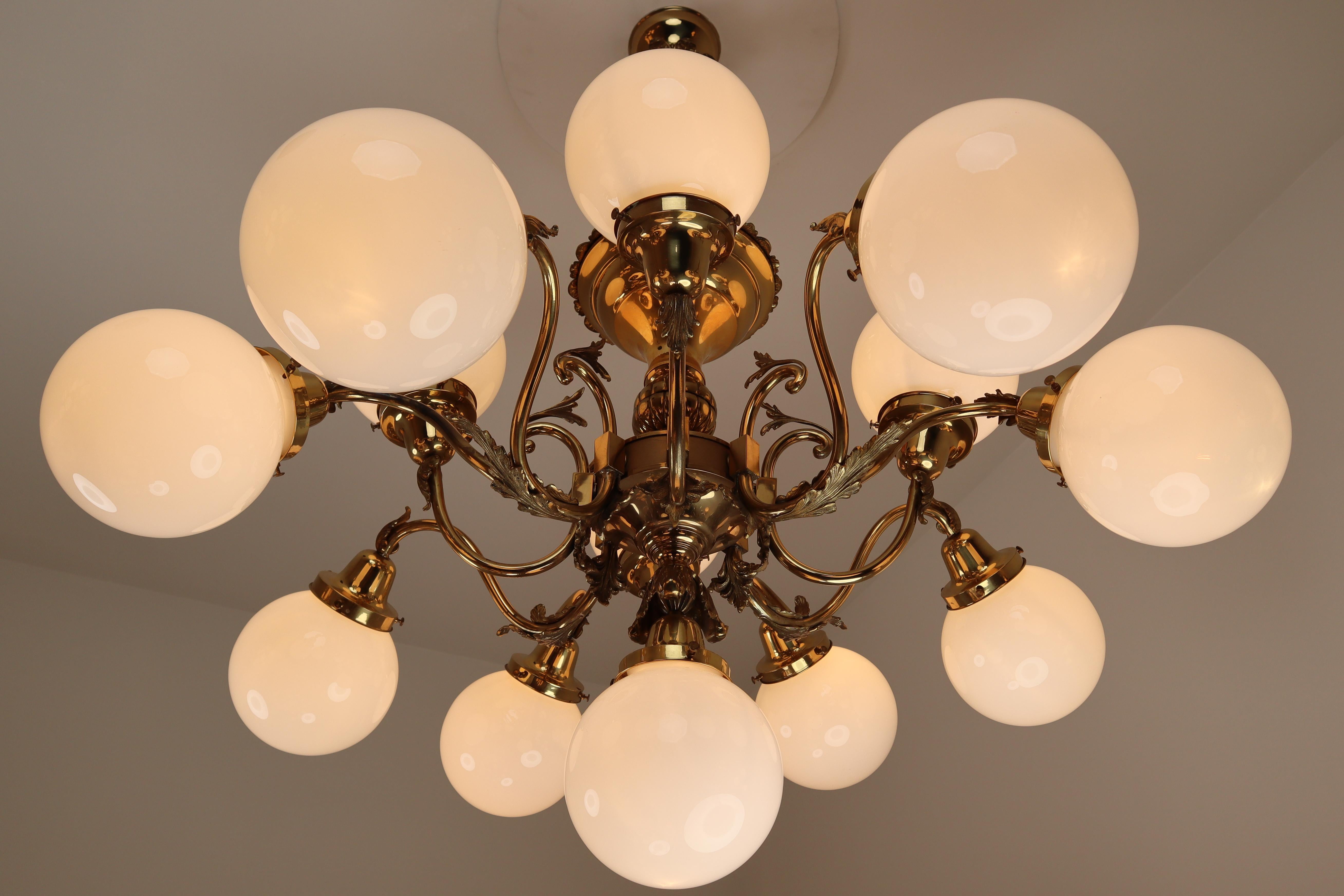 Monumental Brass Chandelier and Four Wall Lights with Opaline Glass Globes 7