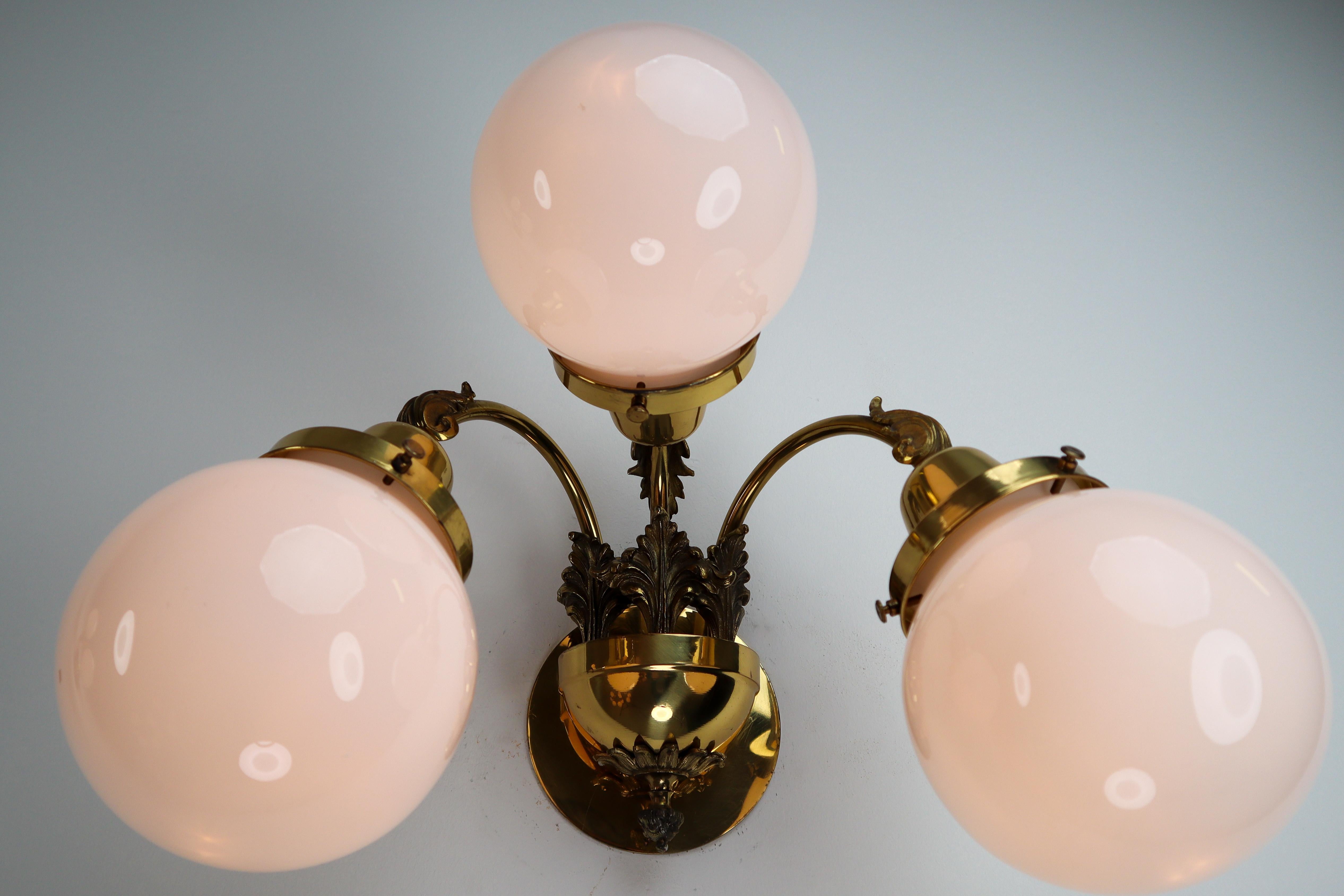 Monumental Brass Chandelier and Four Wall Lights with Opaline Glass Globes 8