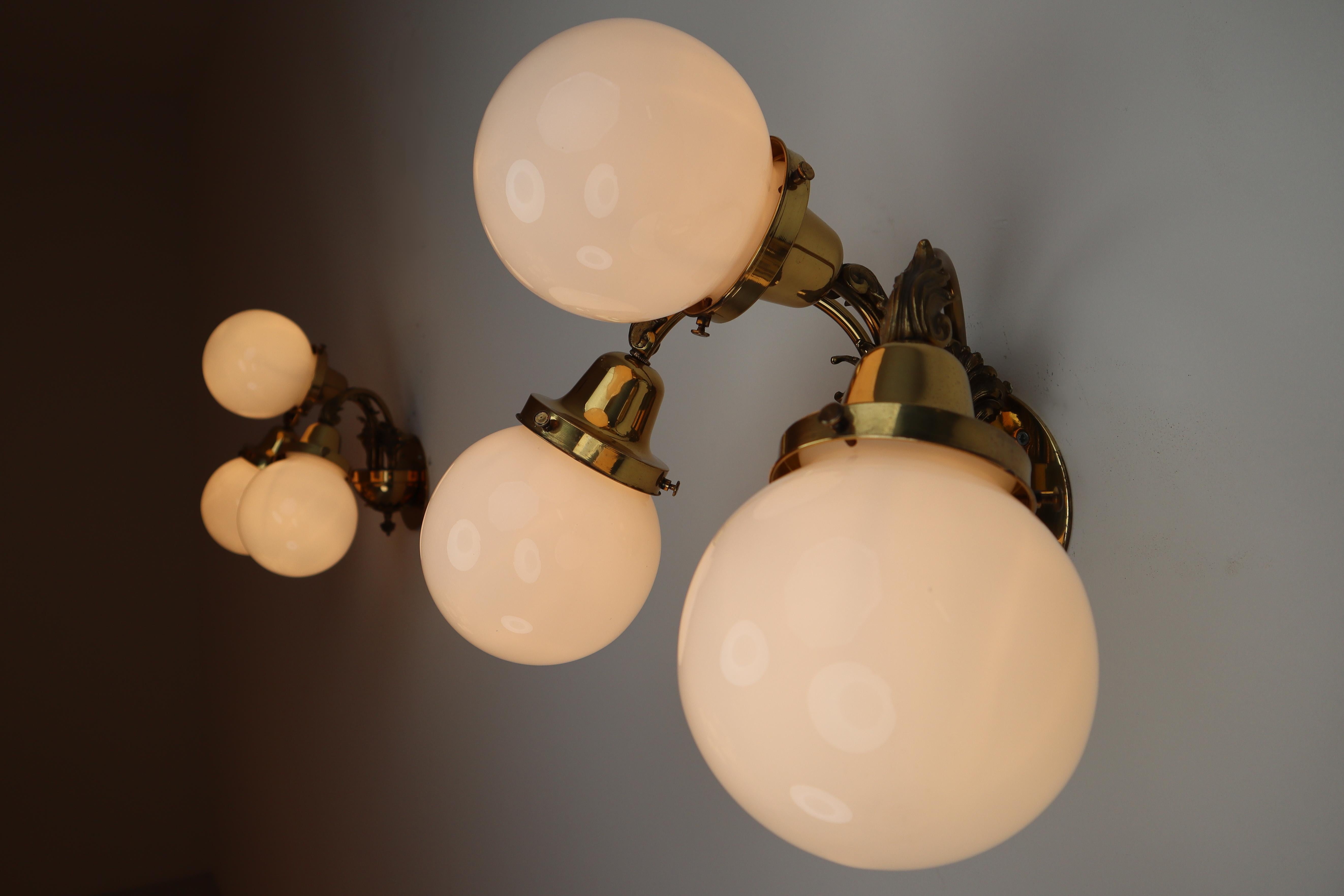 Monumental Brass Chandelier and Four Wall Lights with Opaline Glass Globes 10