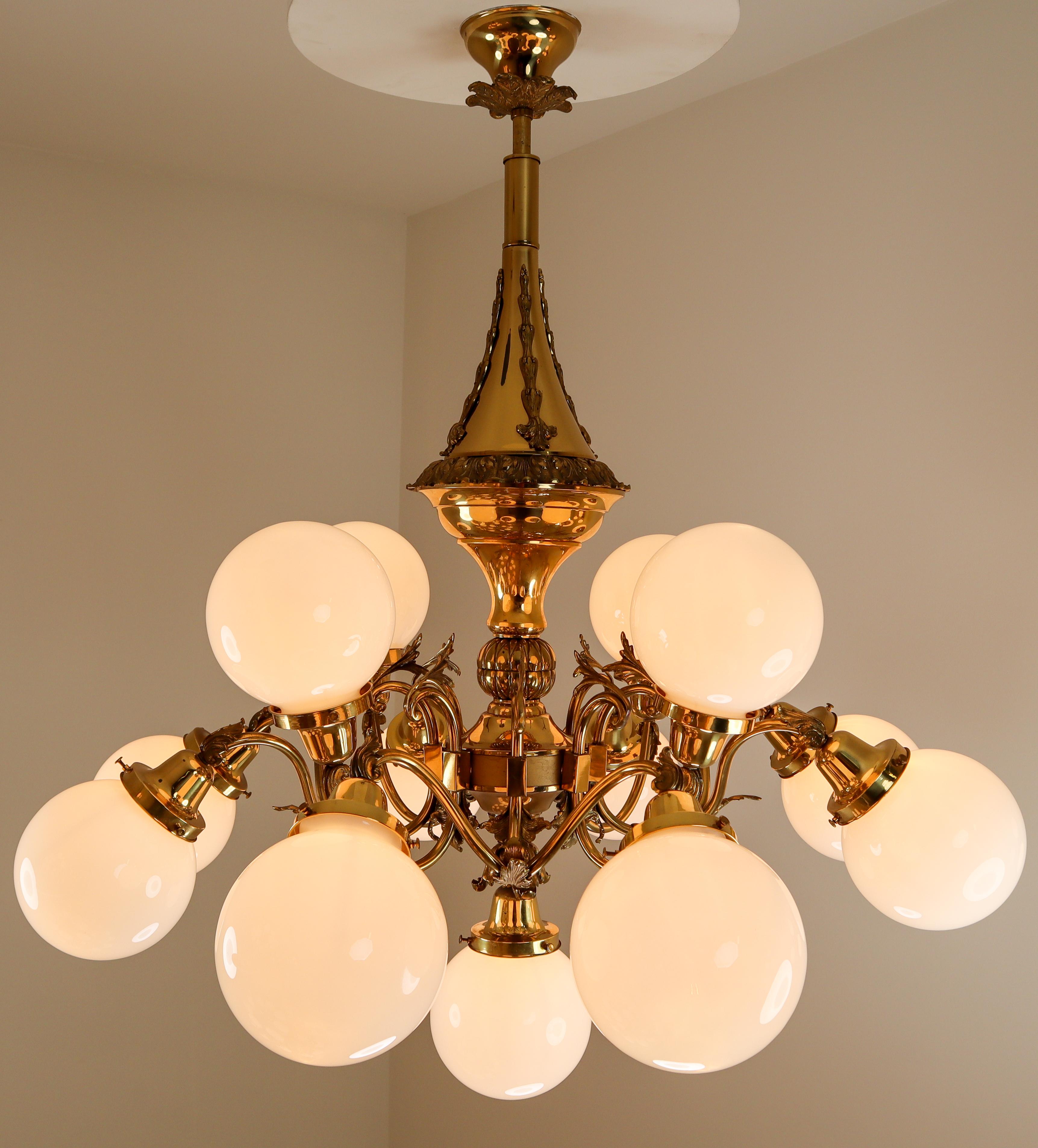 Monumental Brass Chandelier and Four Wall Lights with Opaline Glass Globes 11