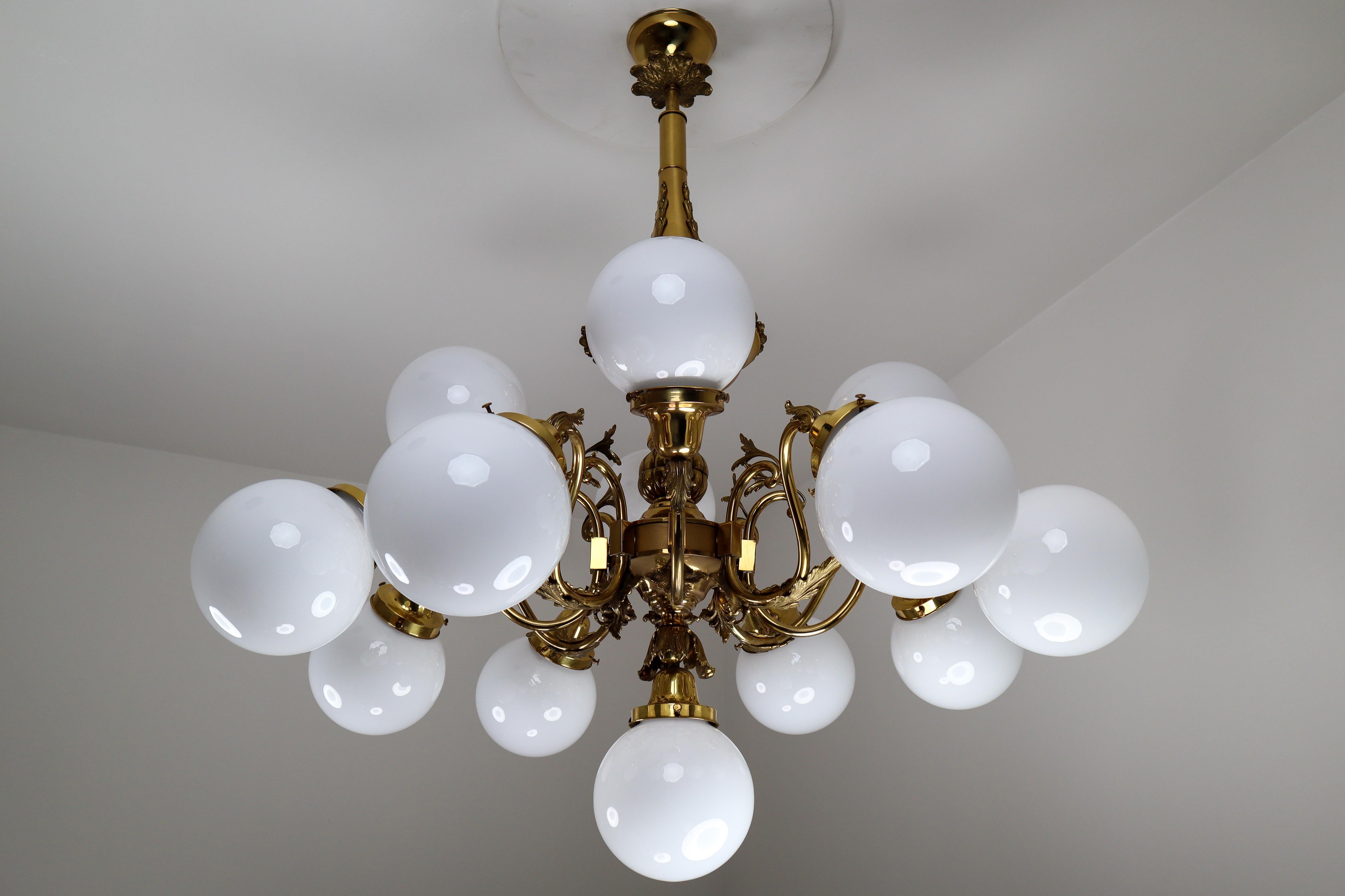 Czech Monumental Brass Chandelier and Four Wall Lights with Opaline Glass Globes