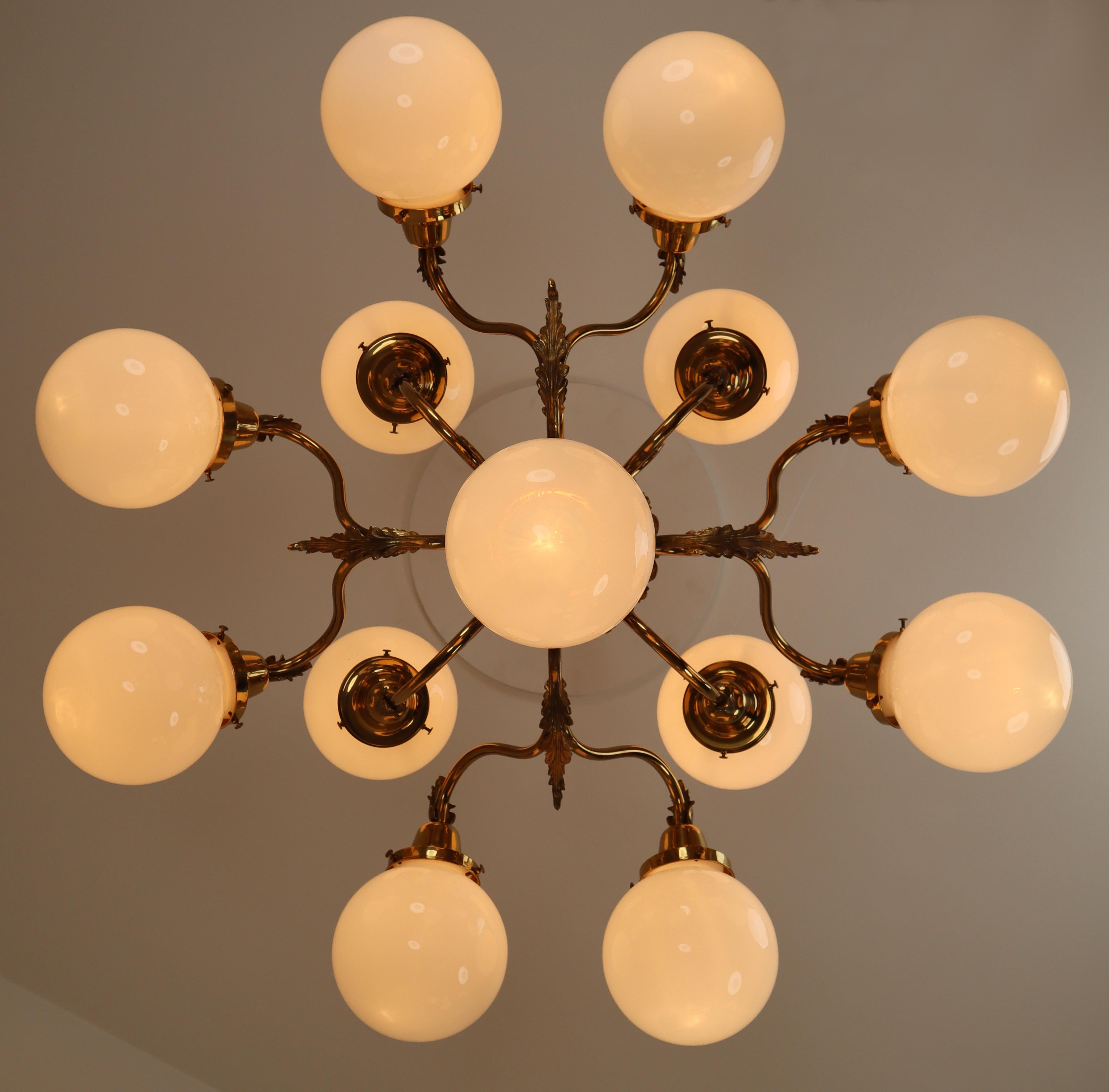 Monumental Brass Chandelier and Four Wall Lights with Opaline Glass Globes In Good Condition In Almelo, NL