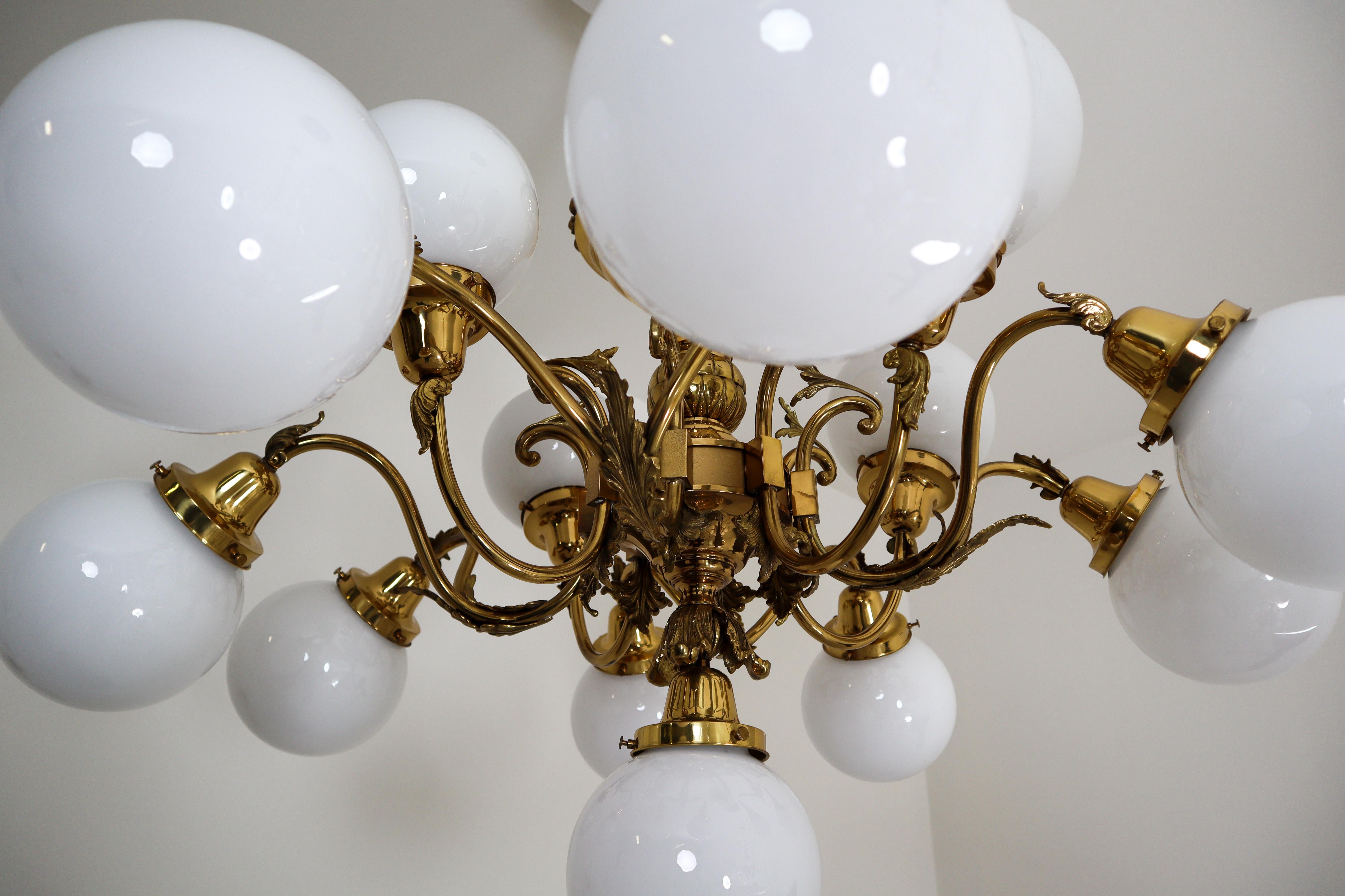 20th Century Monumental Brass Chandelier and Four Wall Lights with Opaline Glass Globes