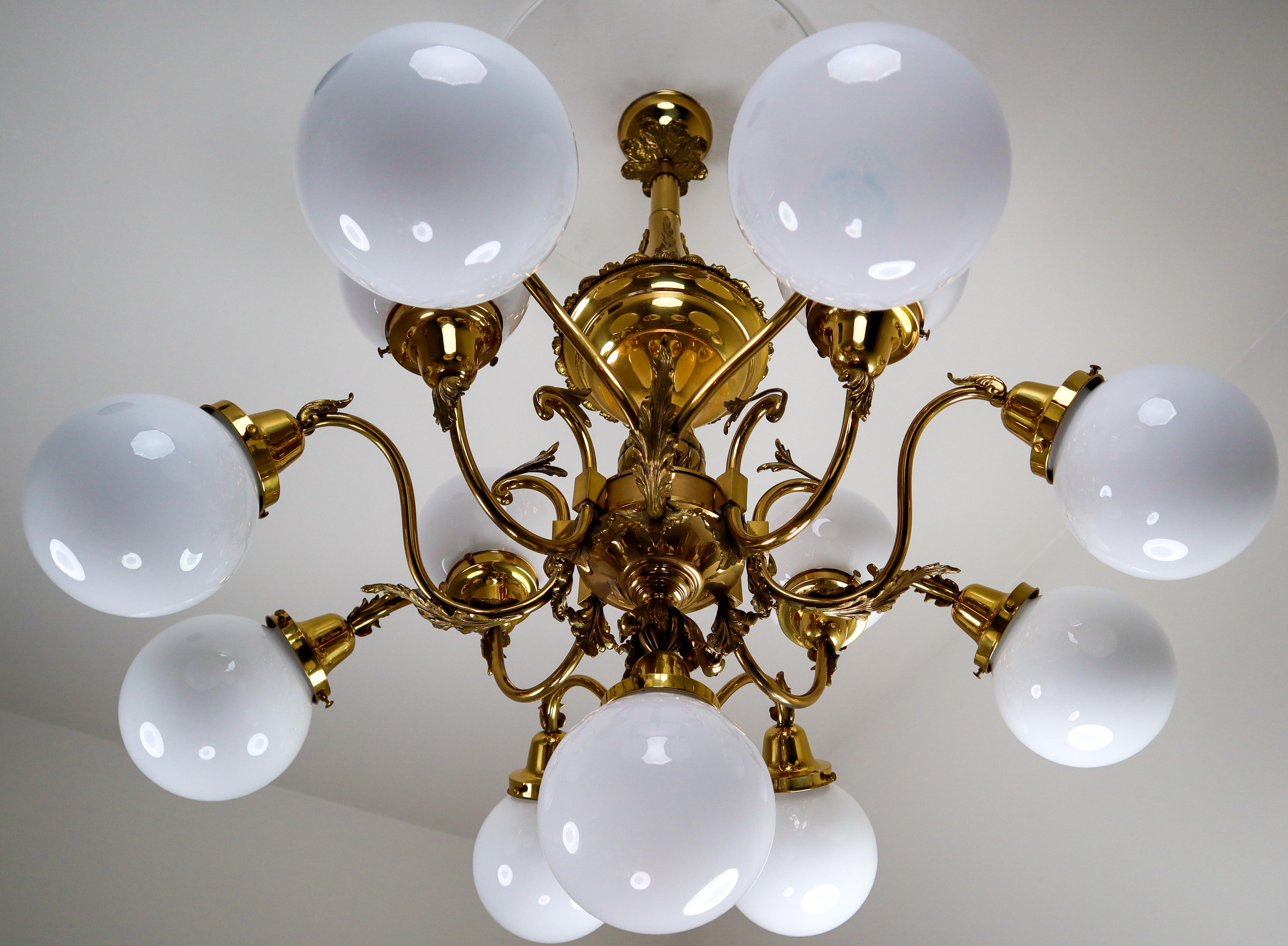Monumental Brass Chandelier and Four Wall Lights with Opaline Glass Globes 1