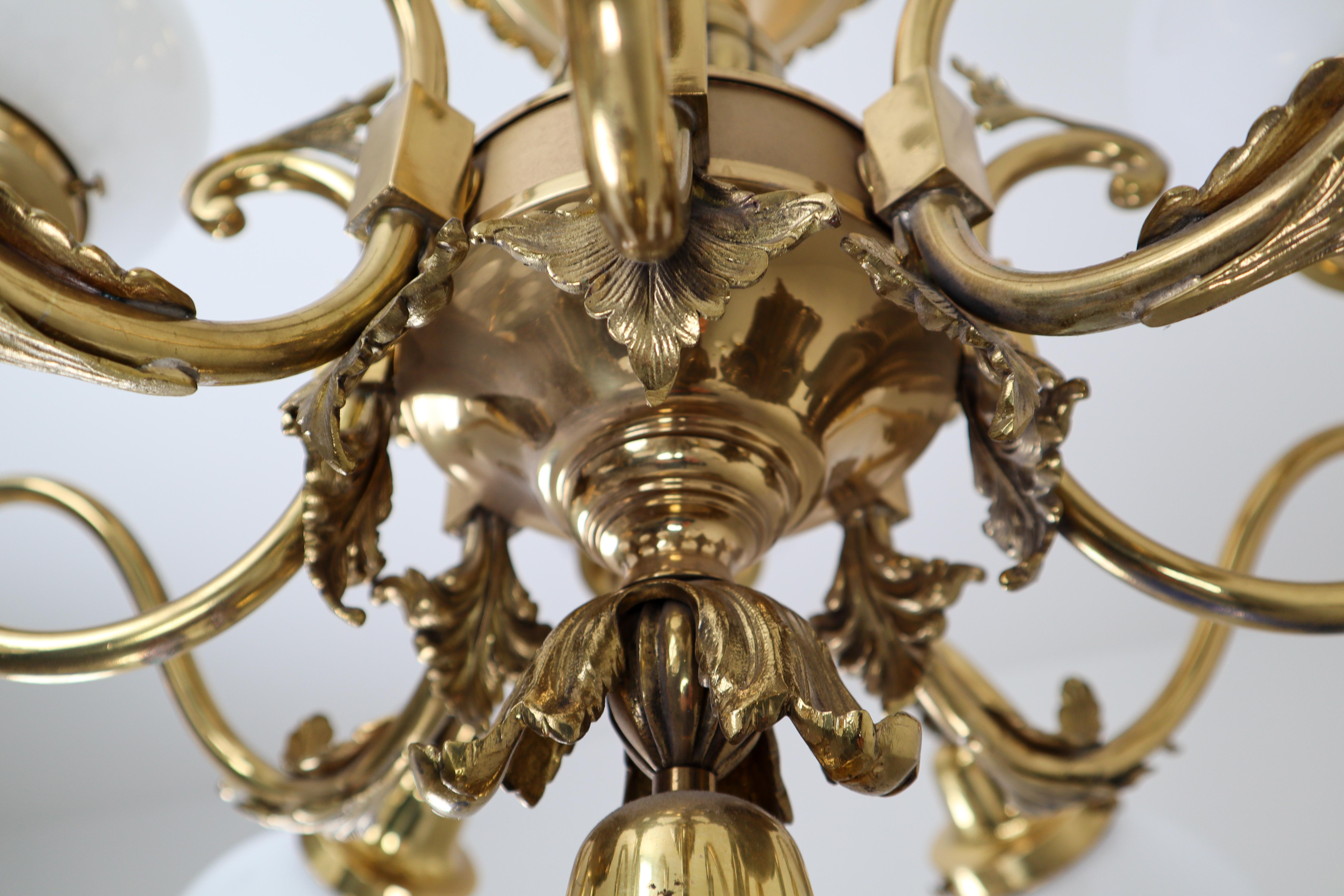 Monumental Brass Chandelier and Four Wall Lights with Opaline Glass Globes 2