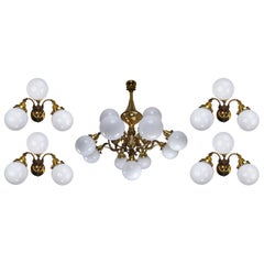 Monumental Brass Chandelier and Four Wall Lights with Opaline Glass Globes