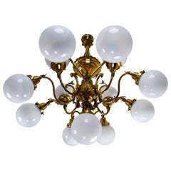 Monumental Brass Chandelier with Opaline Glass Globes, National Gallery Praque