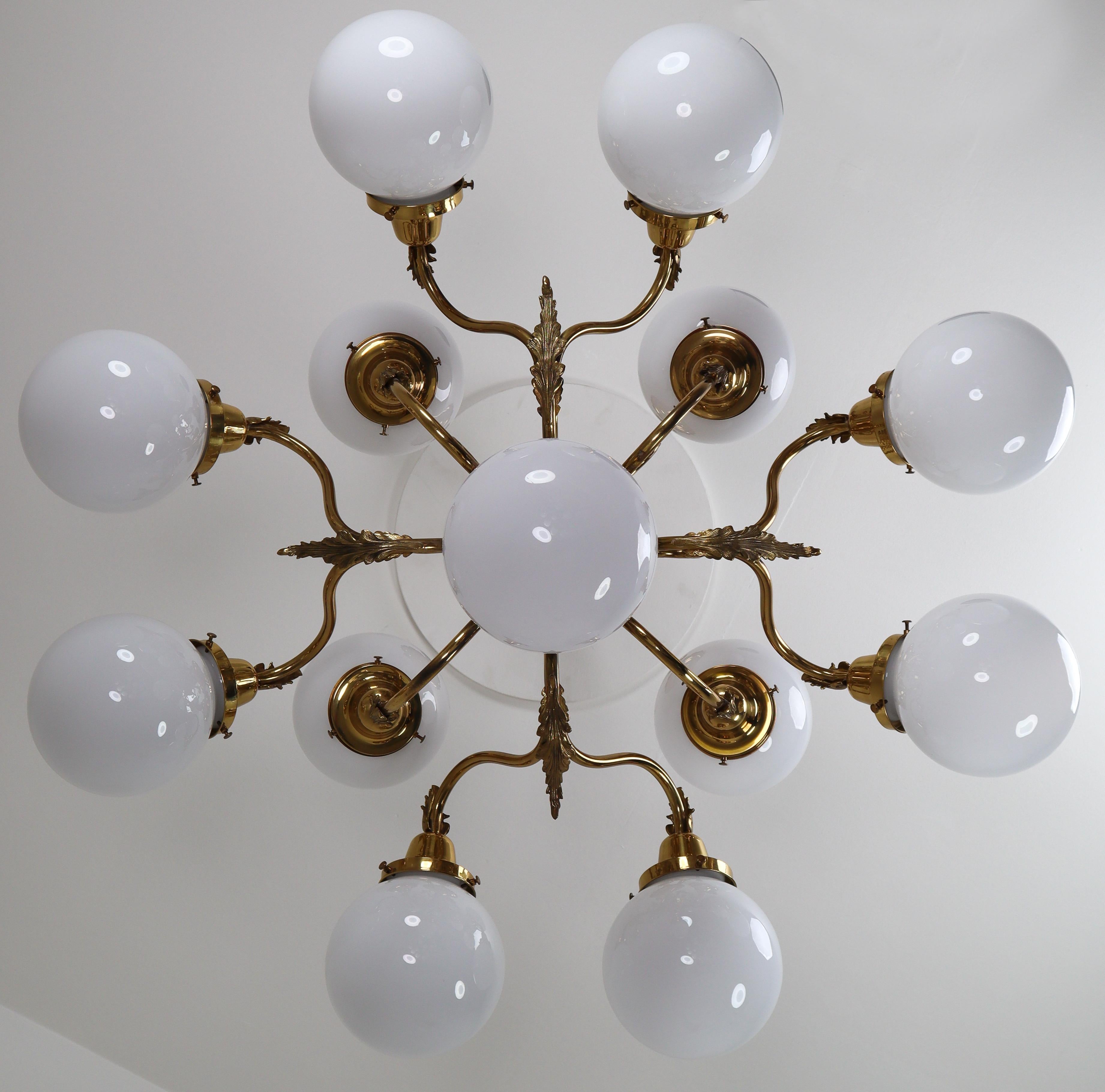 Monumental Brass Chandeliers with Opaline Glass Globes, National Gallery Praque 4