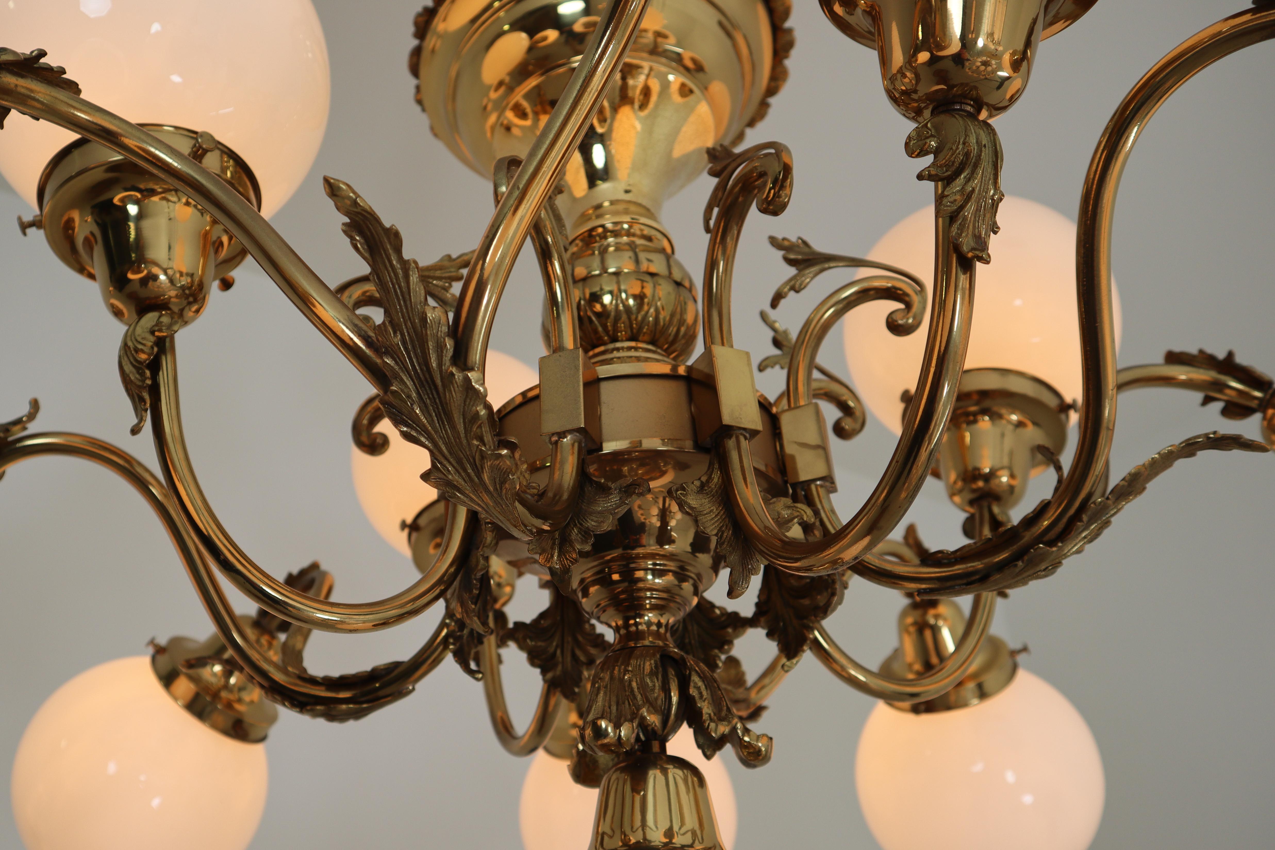 20th Century Monumental Brass Chandeliers with Opaline Glass Globes, National Gallery Praque