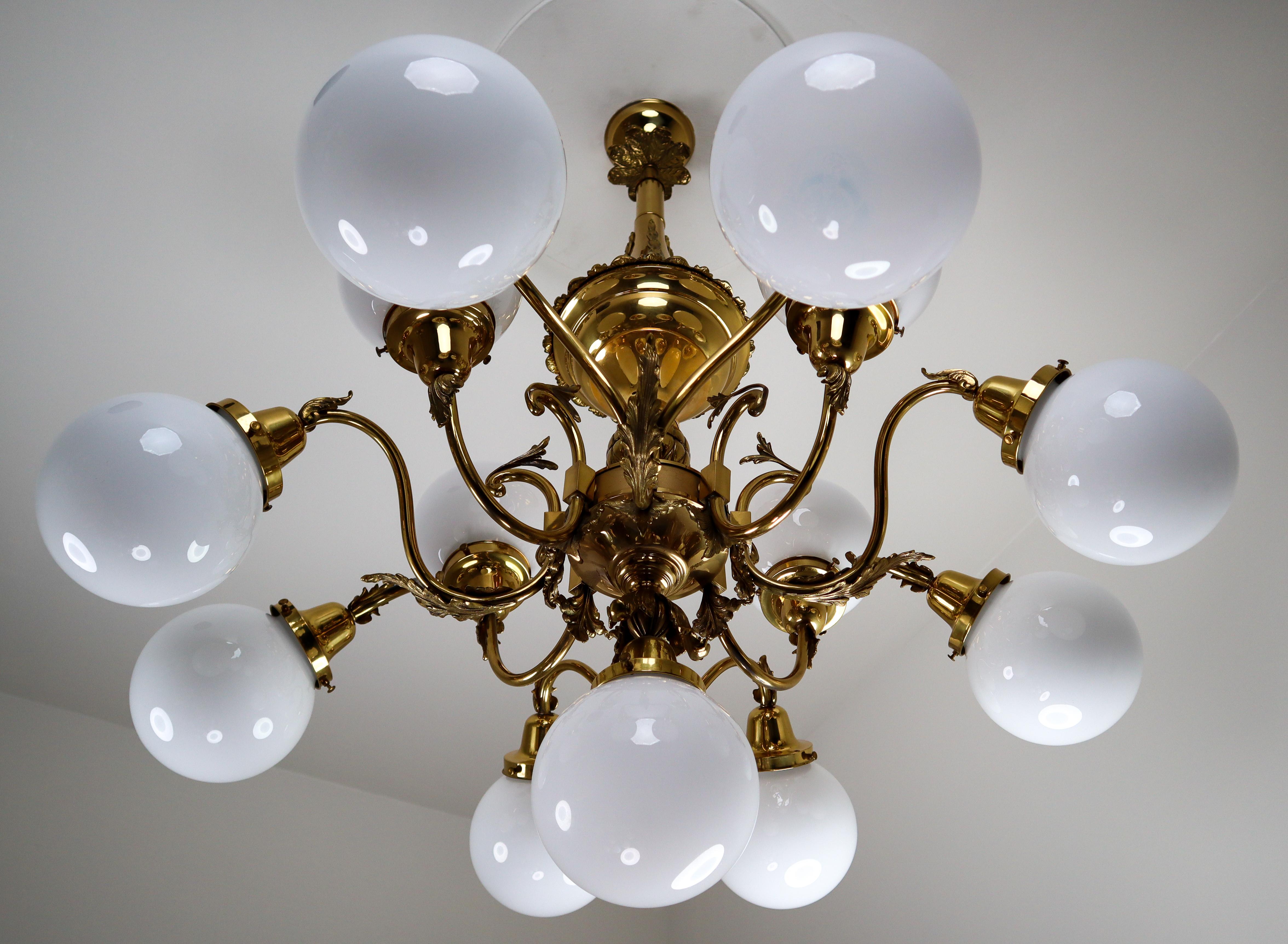 Monumental Brass Chandeliers with Opaline Glass Globes, National Gallery Praque 1