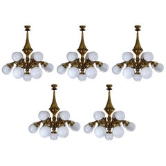Monumental Brass Chandeliers with Opaline Glass Globes, National Gallery Praque