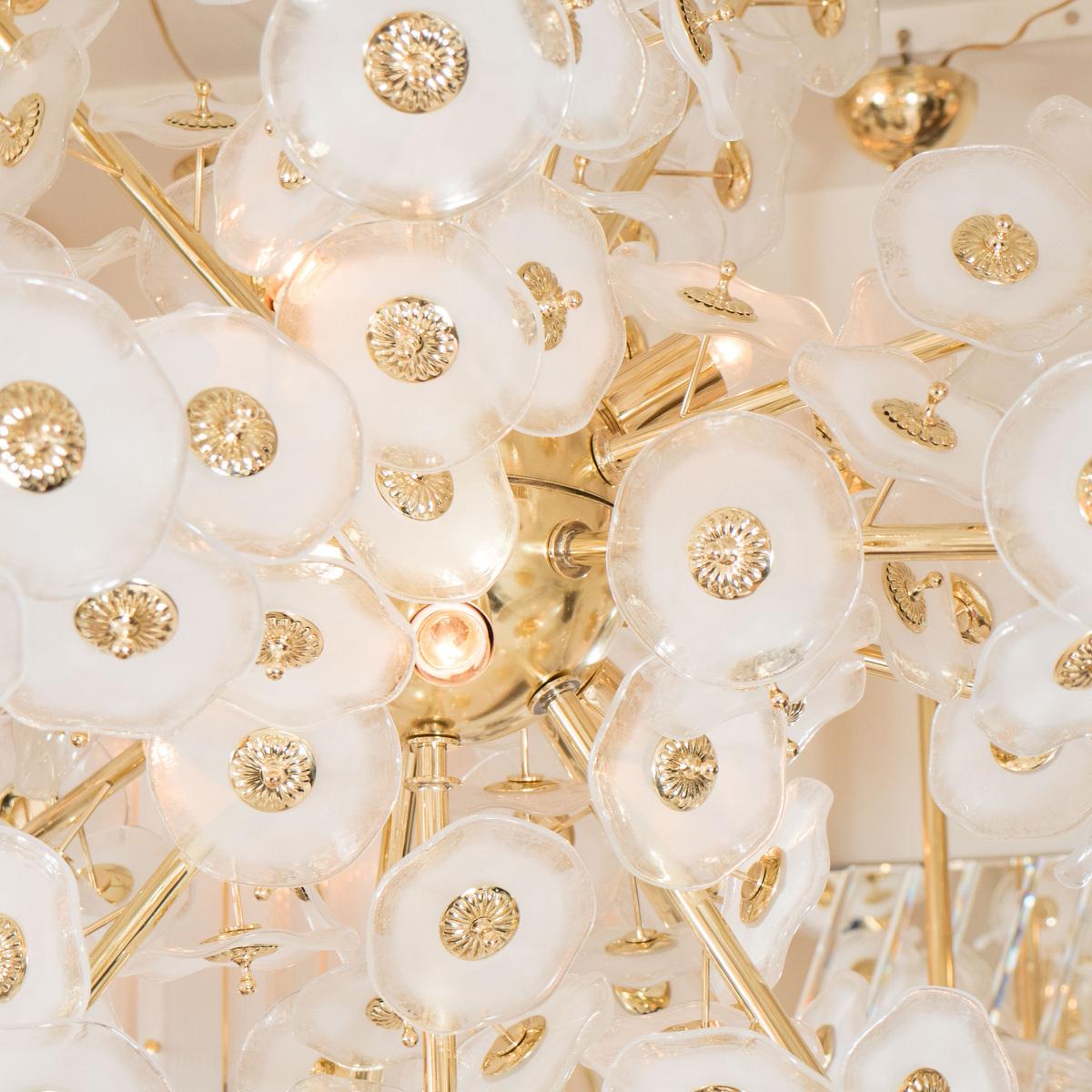 Monumental Brass Flower Burst Chandelier Featuring Frosted Glass