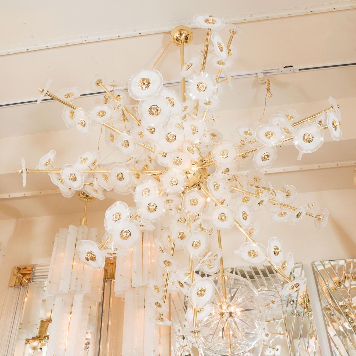 Monumental Brass Flower Burst Chandelier Featuring Frosted Glass Blossoms In Excellent Condition In New York, NY