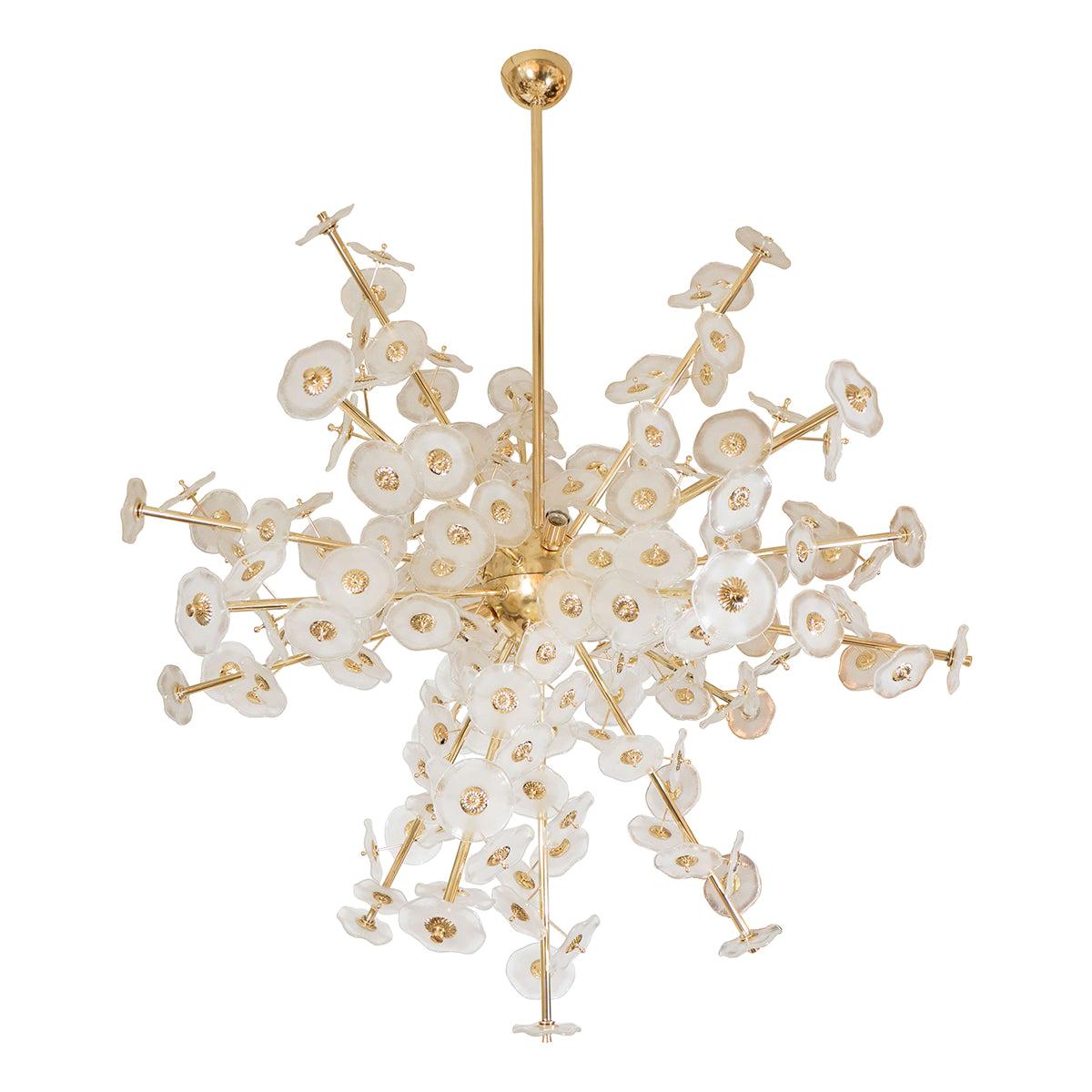 Monumental Brass Flower Burst Chandelier Featuring Frosted Glass Blossoms