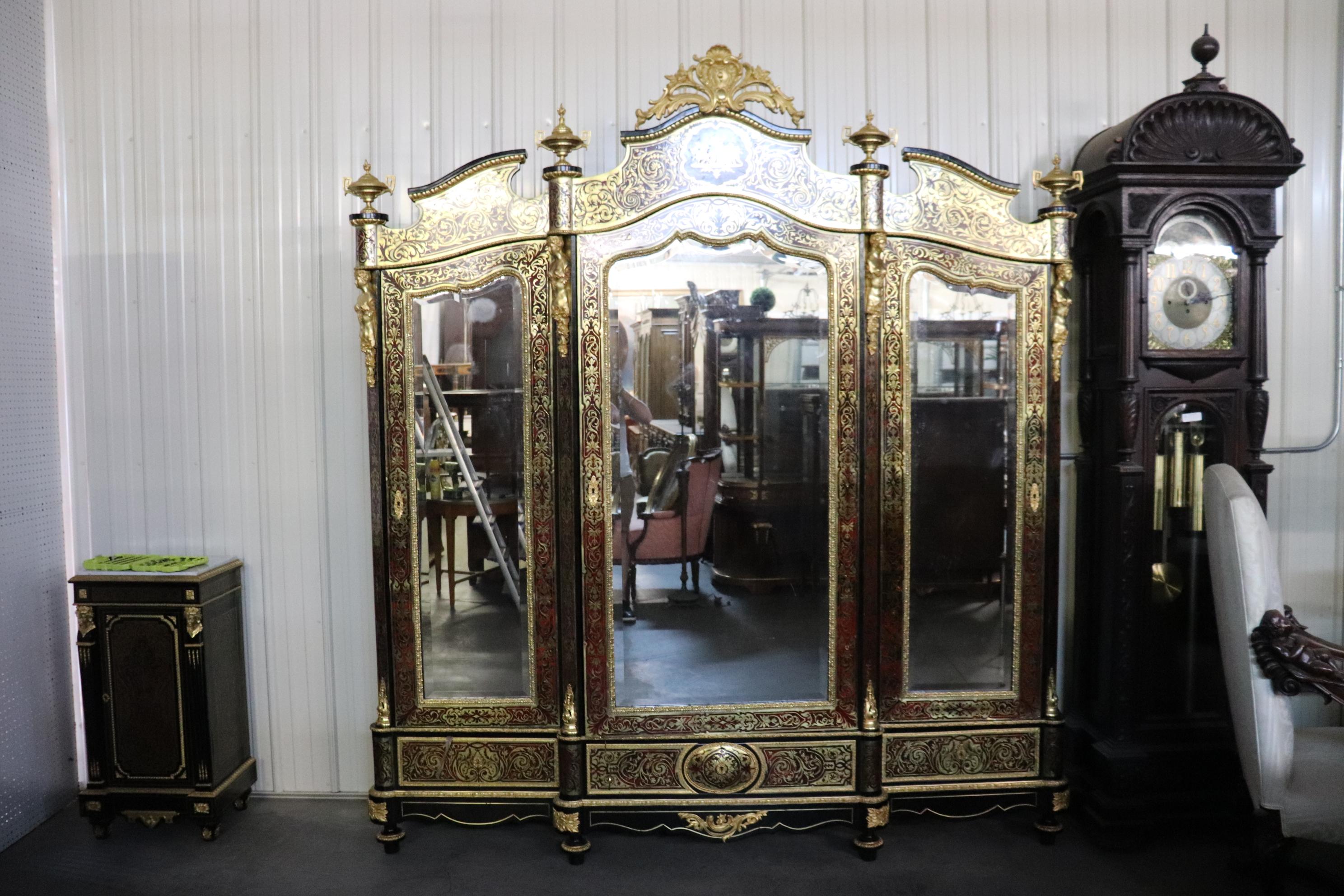 Monumental Brass Inlaid boulle Style Dor'e Figural Bronze Mirrored Armoire  4