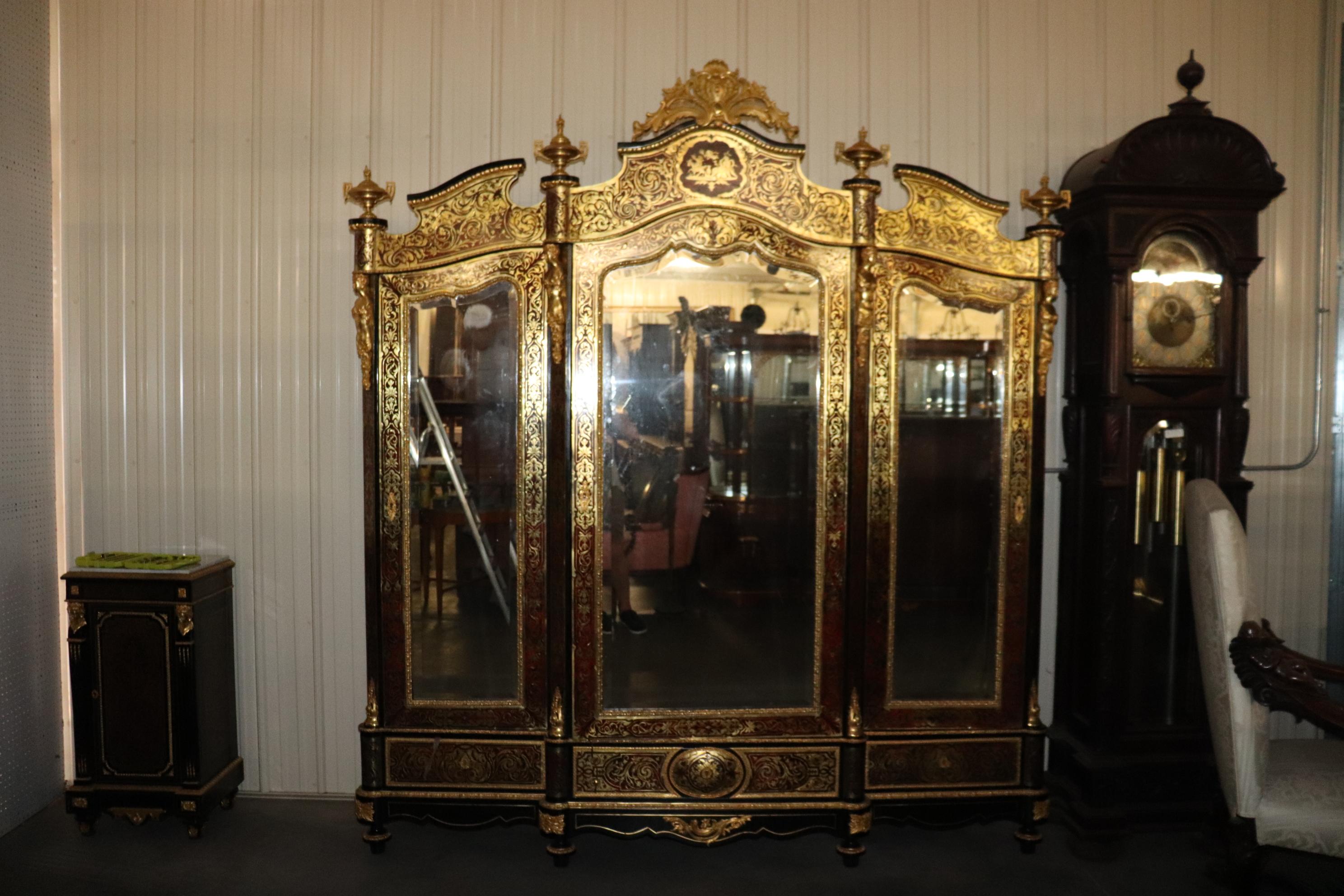 Monumental Brass Inlaid boulle Style Dor'e Figural Bronze Mirrored Armoire  5