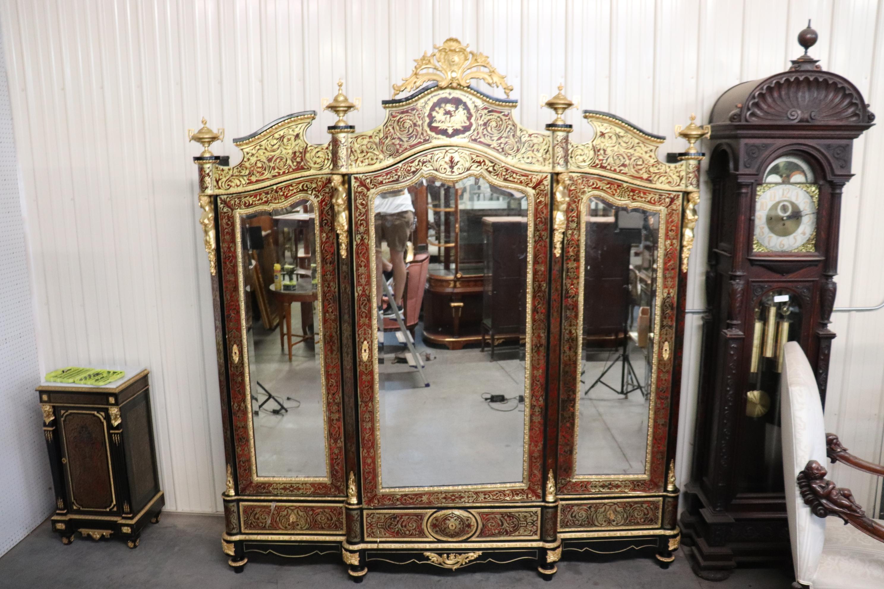 Monumental Brass Inlaid boulle Style Dor'e Figural Bronze Mirrored Armoire  6