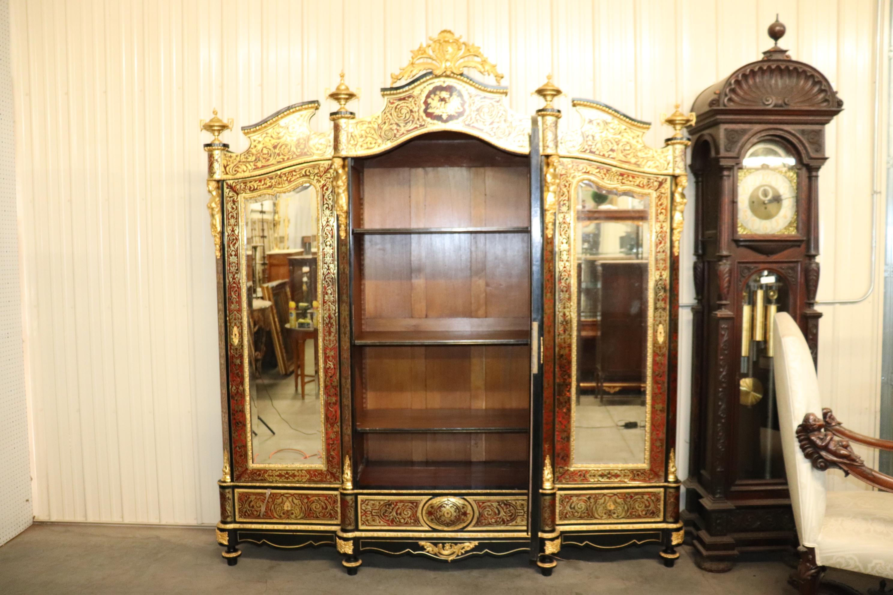 Monumental Brass Inlaid boulle Style Dor'e Figural Bronze Mirrored Armoire  14