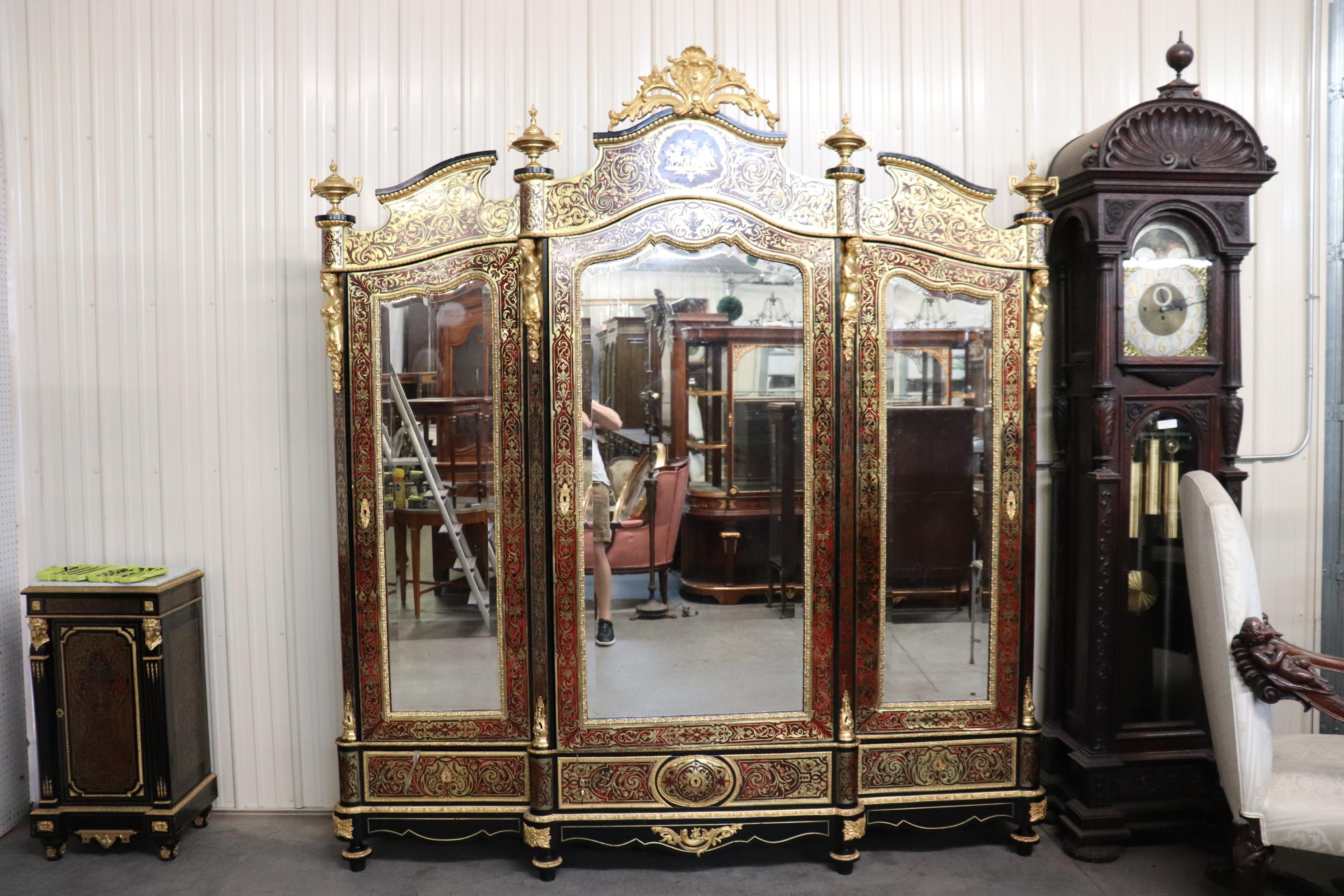 Monumental Brass Inlaid boulle Style Dor'e Figural Bronze Mirrored Armoire  2