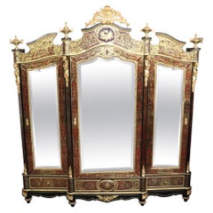 Monumental Brass Inlaid boulle Style Dor'e Figural Bronze Mirrored Armoire