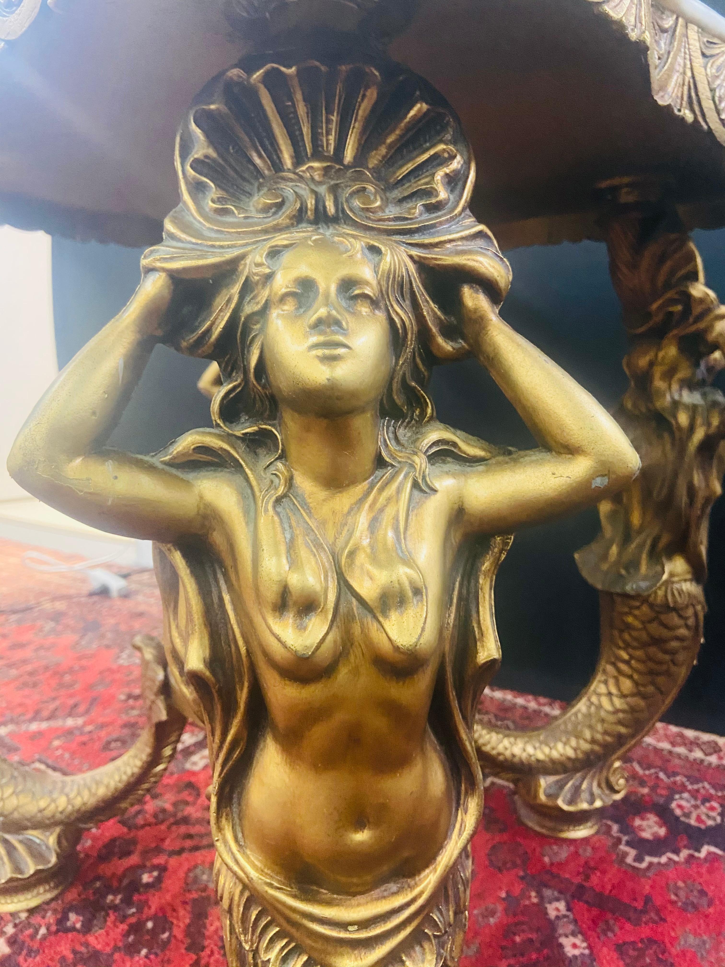 Italian Monumental Brass Myth Mermaid Sculptural & Marble Top Side or End Table, a Pair