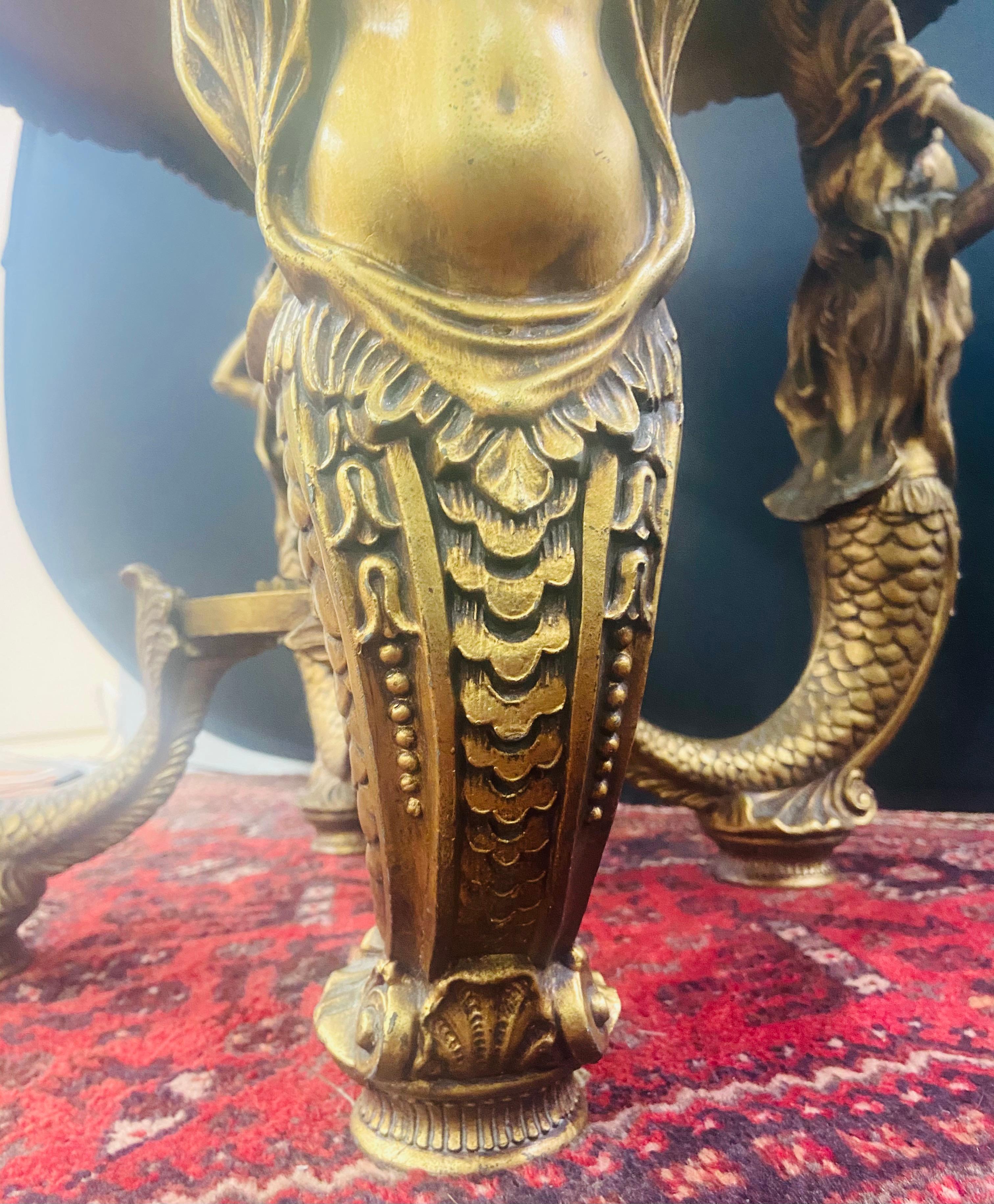 Monumental Brass Myth Mermaid Sculptural & Marble Top Side or End Table, a Pair In Good Condition In Plainview, NY