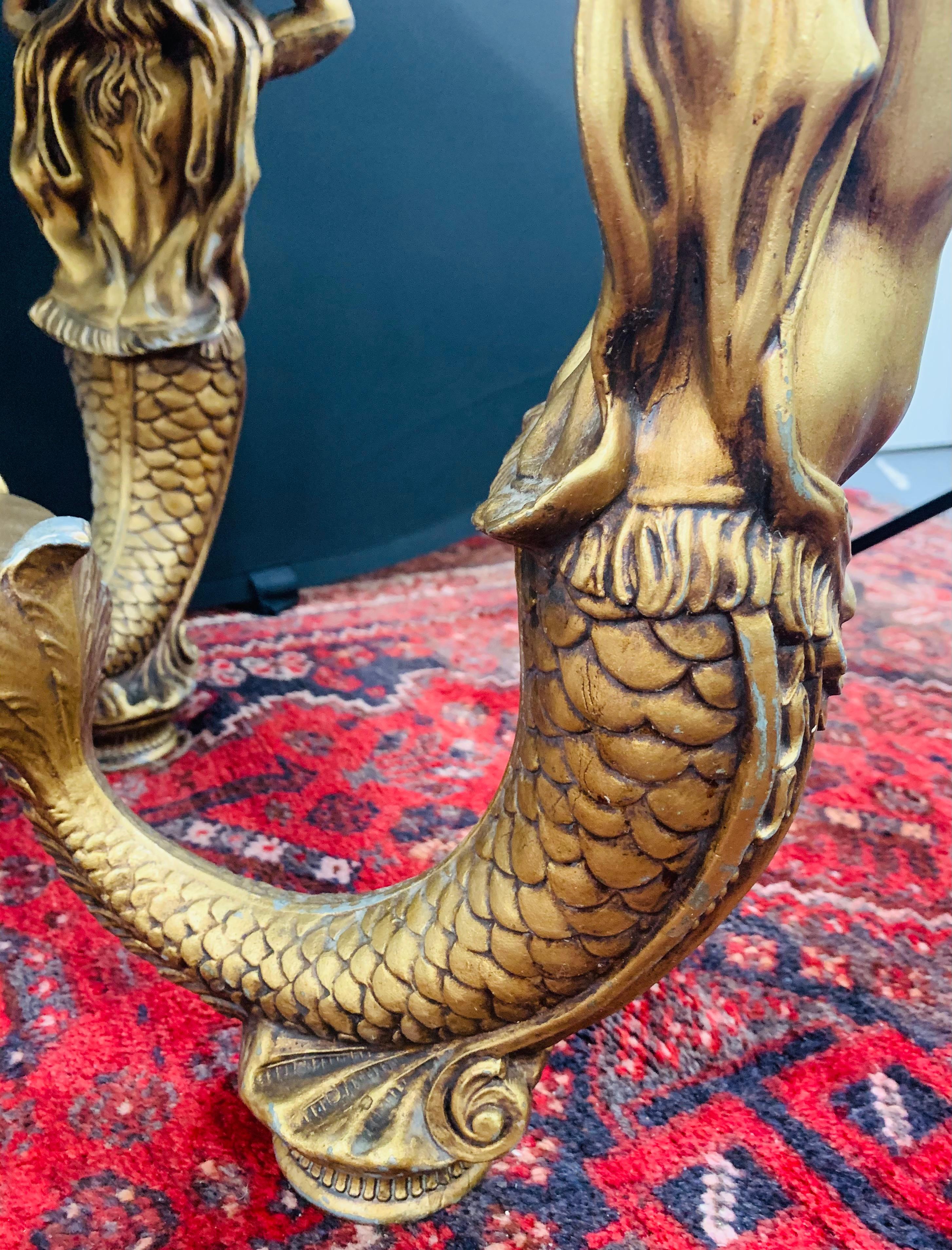 Mid-20th Century Monumental Brass Myth Mermaid Sculptural & Marble Top Side or End Table, a Pair