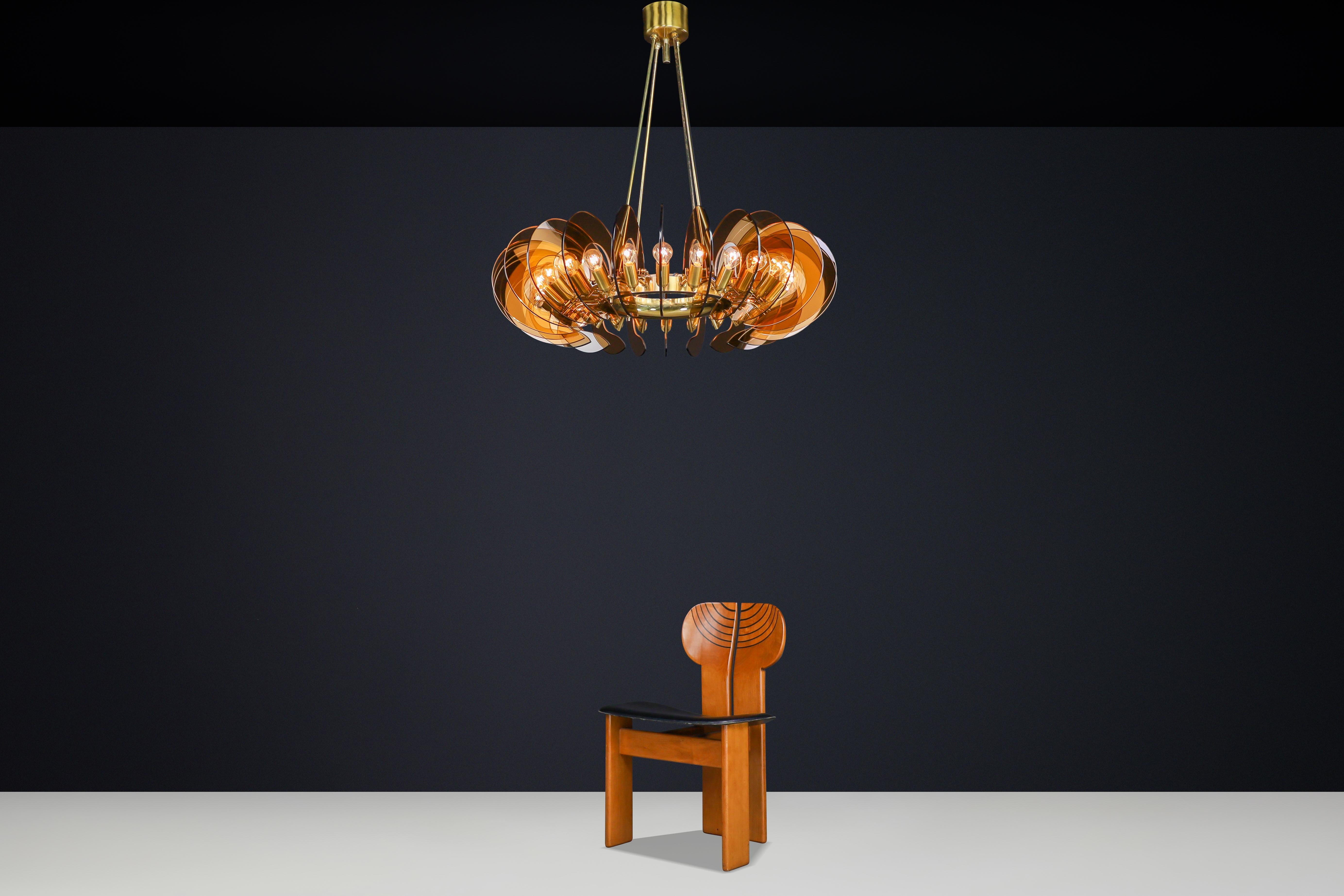 Italiano Monumental Brass & Smoked Glass Chandelier by Gino Paroldo, Italy, 1970s in vendita