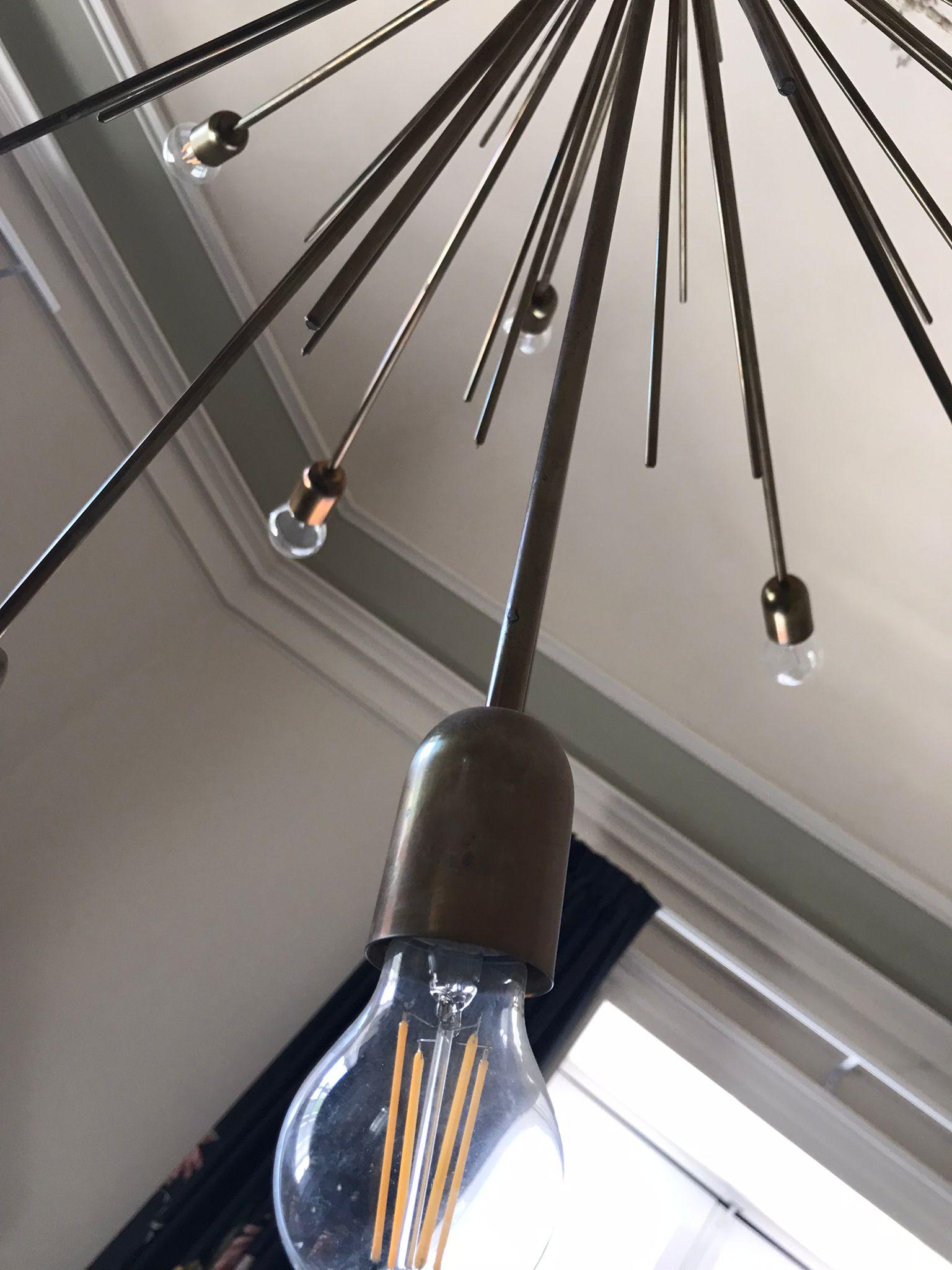 Monumental Italian Brass Sputnik Chandelier
This outstanding  Italian brass Sputnik or sea urchin chandelier is newly wired. Beautifully executed brass spears with great patina with twenty-four lights
Rod can be shortened or chandelier can be hung
