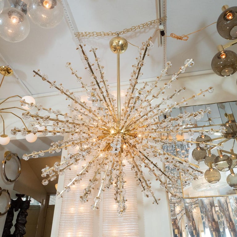 Italian Monumental Brass Starburst Chandelier Featuring Glass Nugget Encrusted Rays