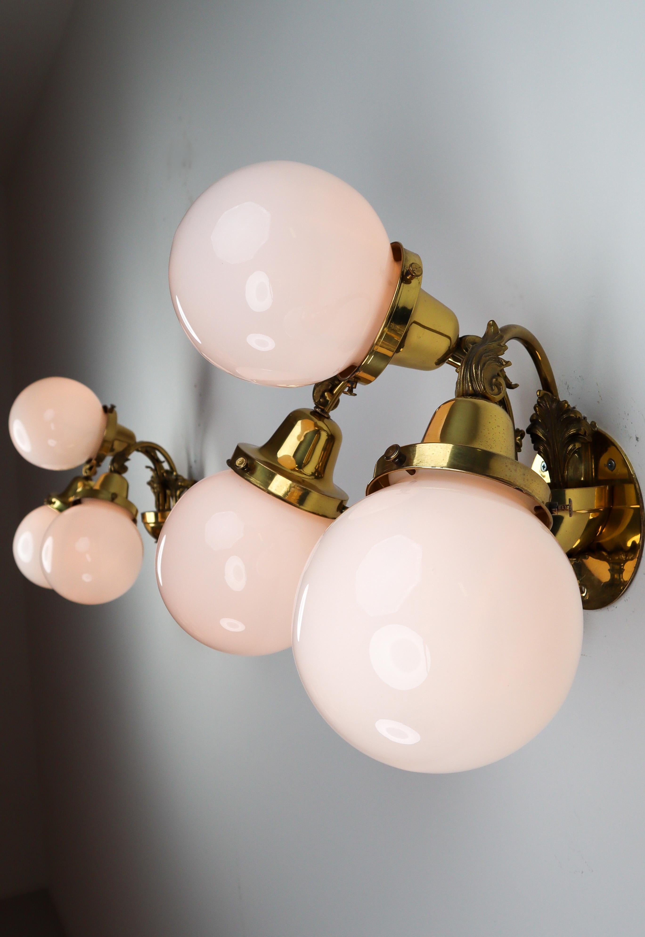 Monumental Brass Wall Lights with Opaline Glass Globes, National Gallery Praque For Sale 4