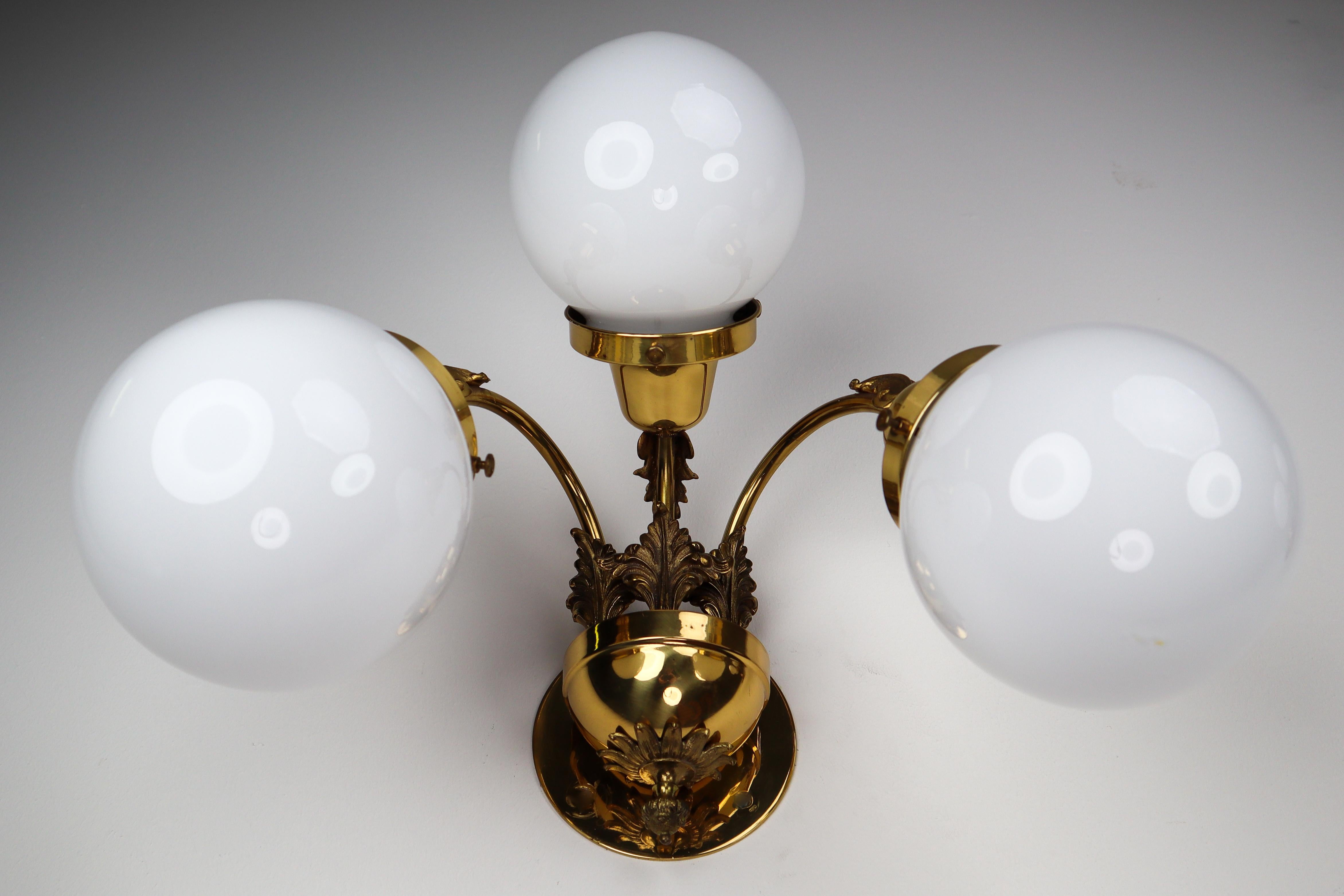 Monumental Brass Wall Lights with Opaline Glass Globes, National Gallery Praque For Sale 8