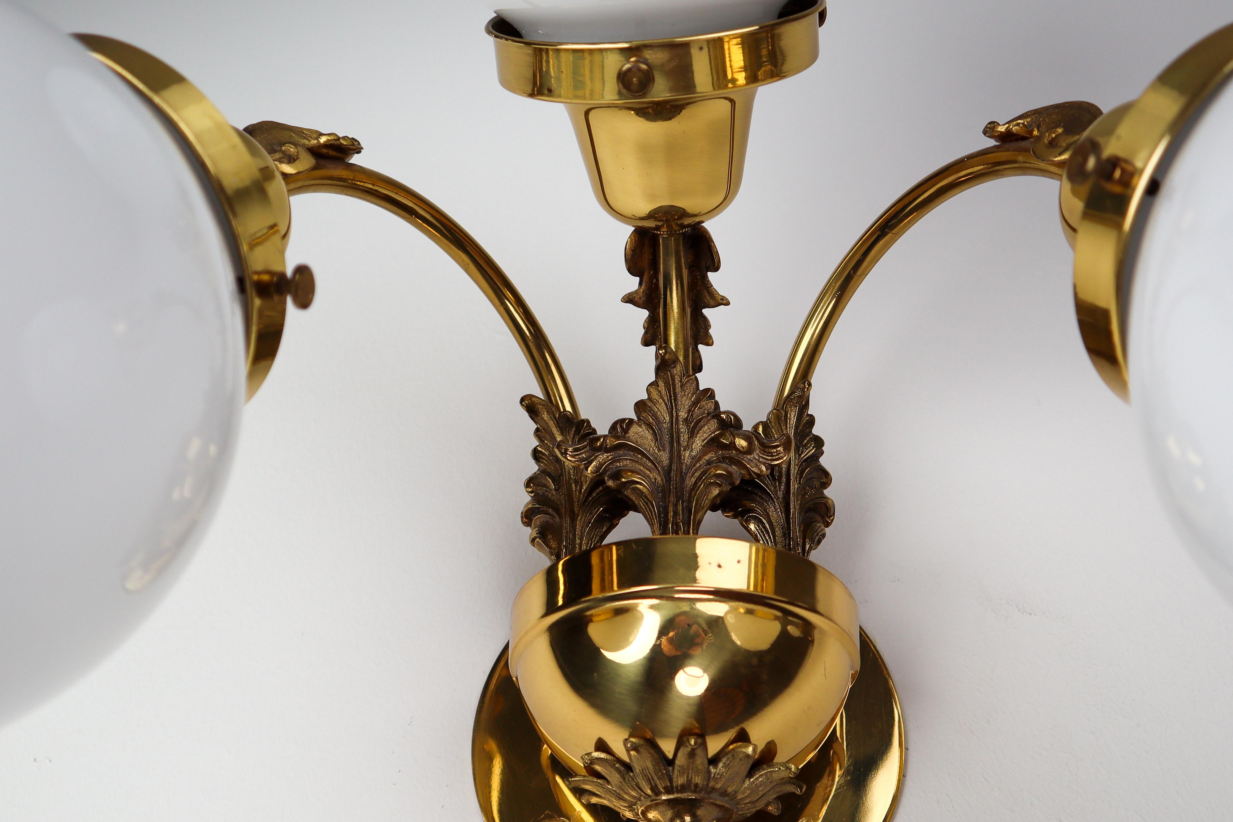 Monumental Brass Wall Lights with Opaline Glass Globes, National Gallery Praque For Sale 8