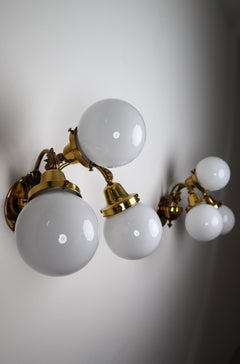Monumental Brass Wall Lights with Opaline Glass Globes, National Gallery Praque