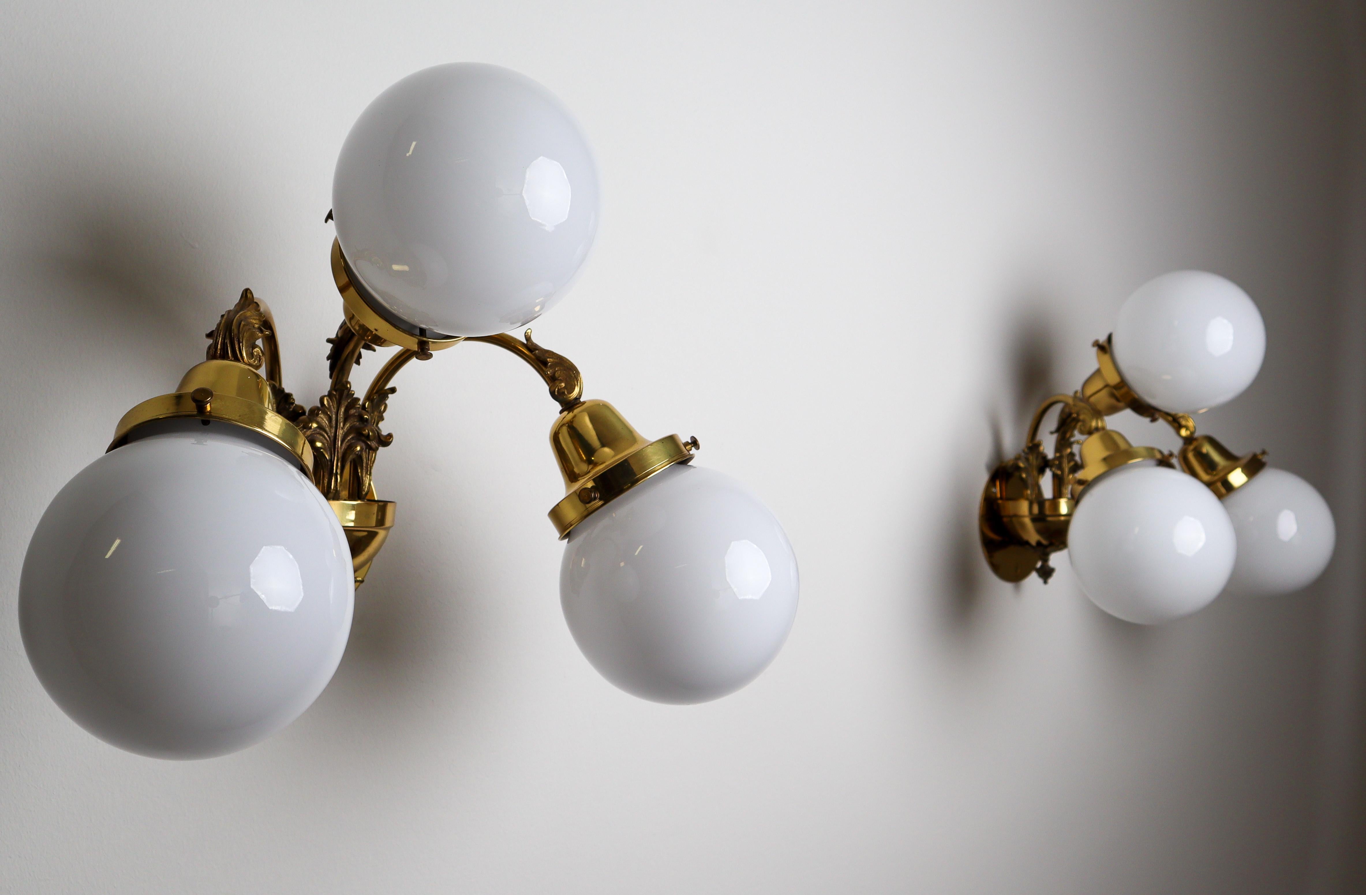 20th Century Monumental Brass Wall Lights with Opaline Glass Globes, National Gallery Praque For Sale