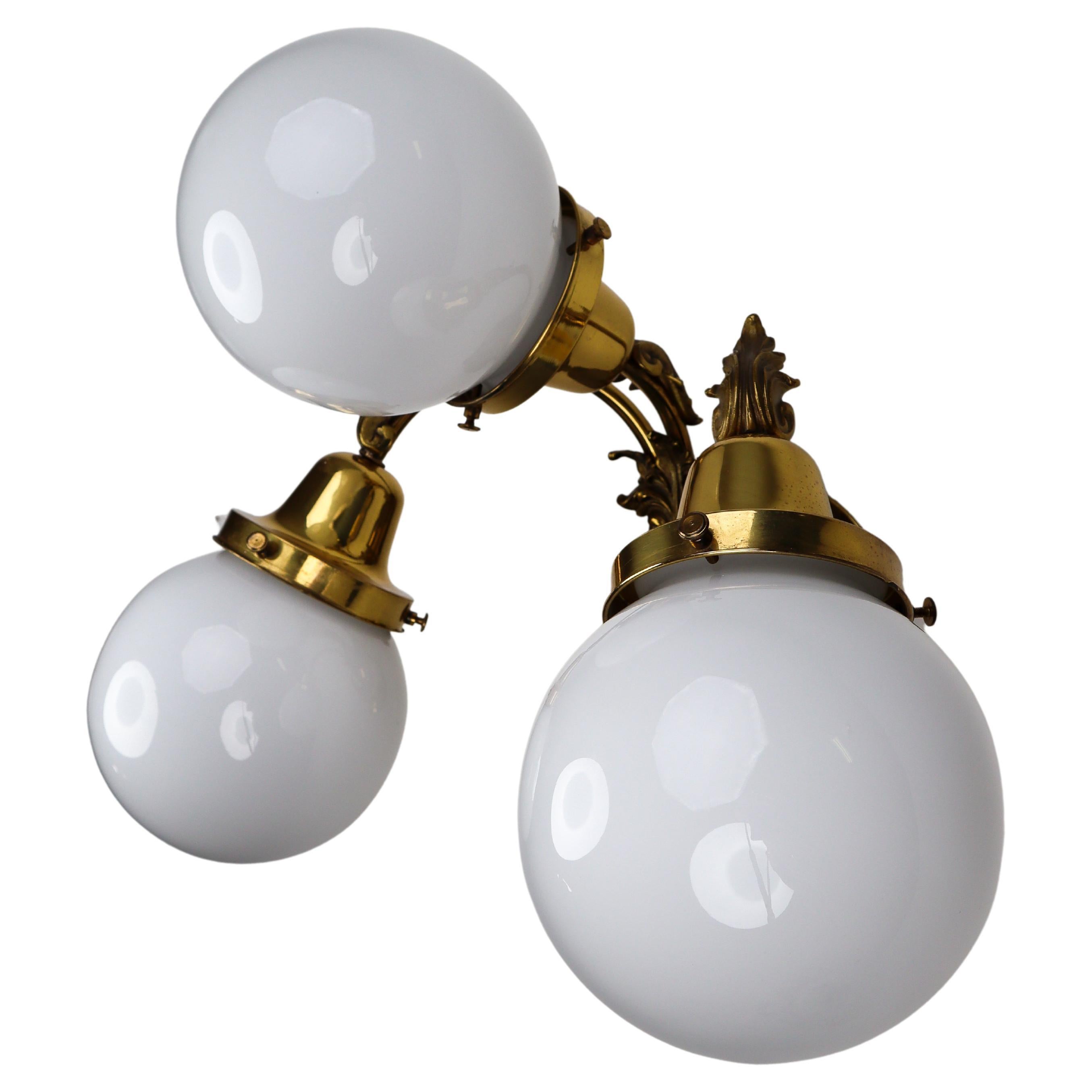 Monumental Brass Wall Lights with Opaline Glass Globes, National Gallery Praque For Sale