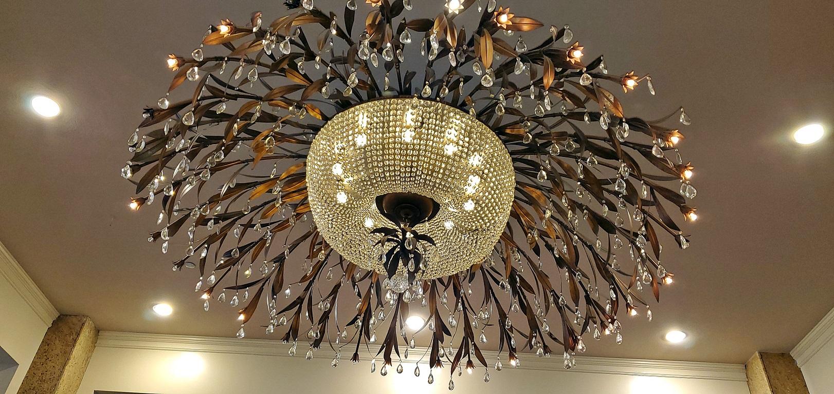 Art Deco Monumental Bronze and Floral Crystal Chandelier with Provenance
