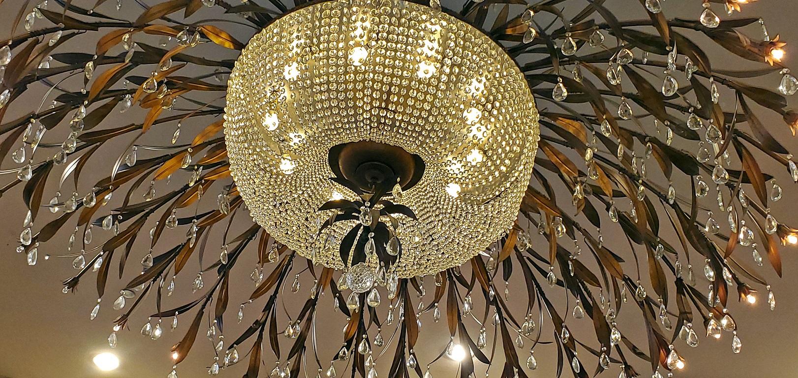 American Monumental Bronze and Floral Crystal Chandelier with Provenance