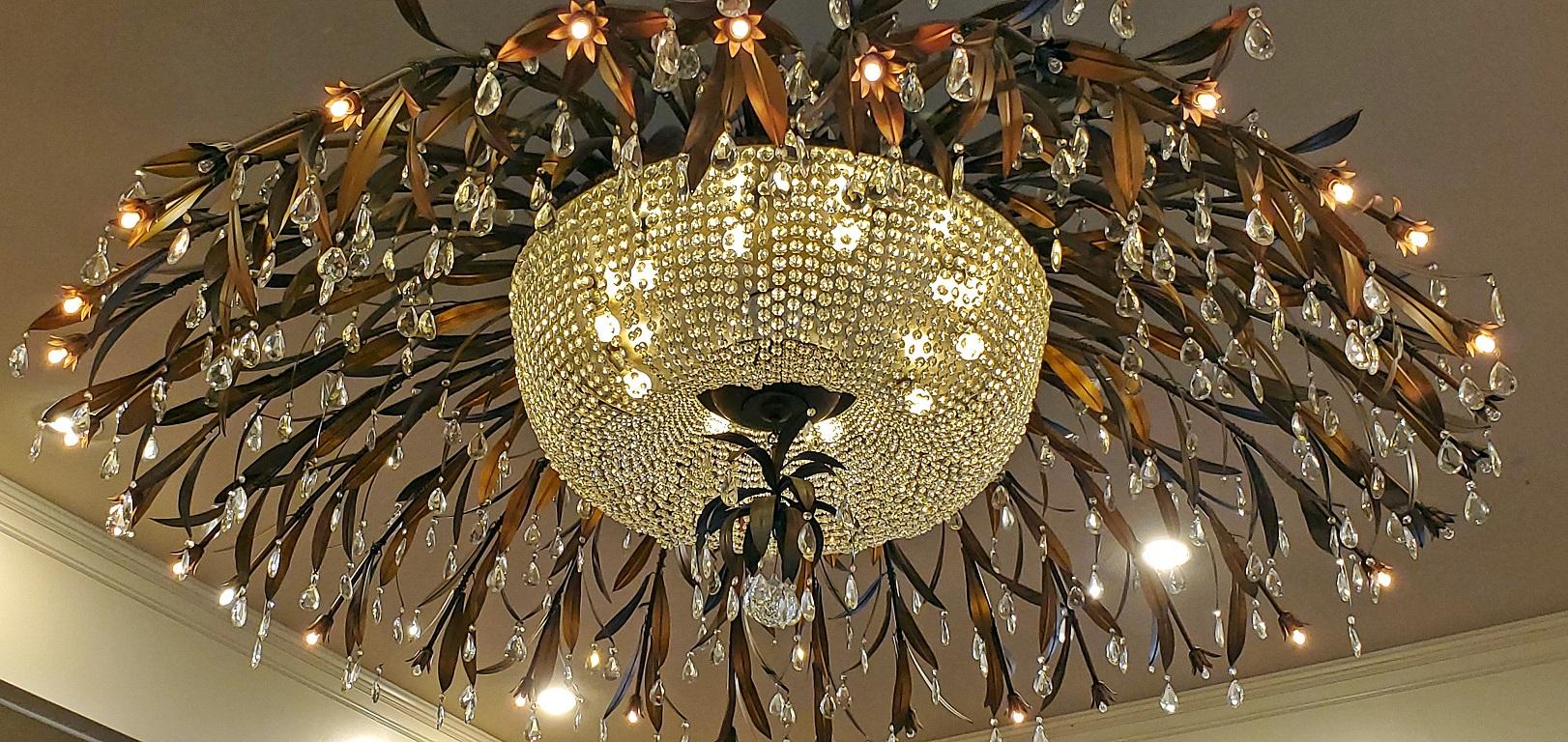 Cast Monumental Bronze and Floral Crystal Chandelier with Provenance