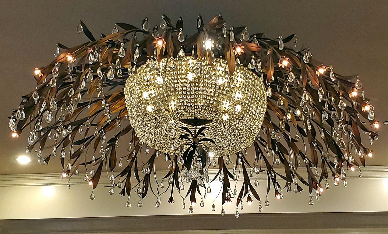 20th Century Monumental Bronze and Floral Crystal Chandelier with Provenance