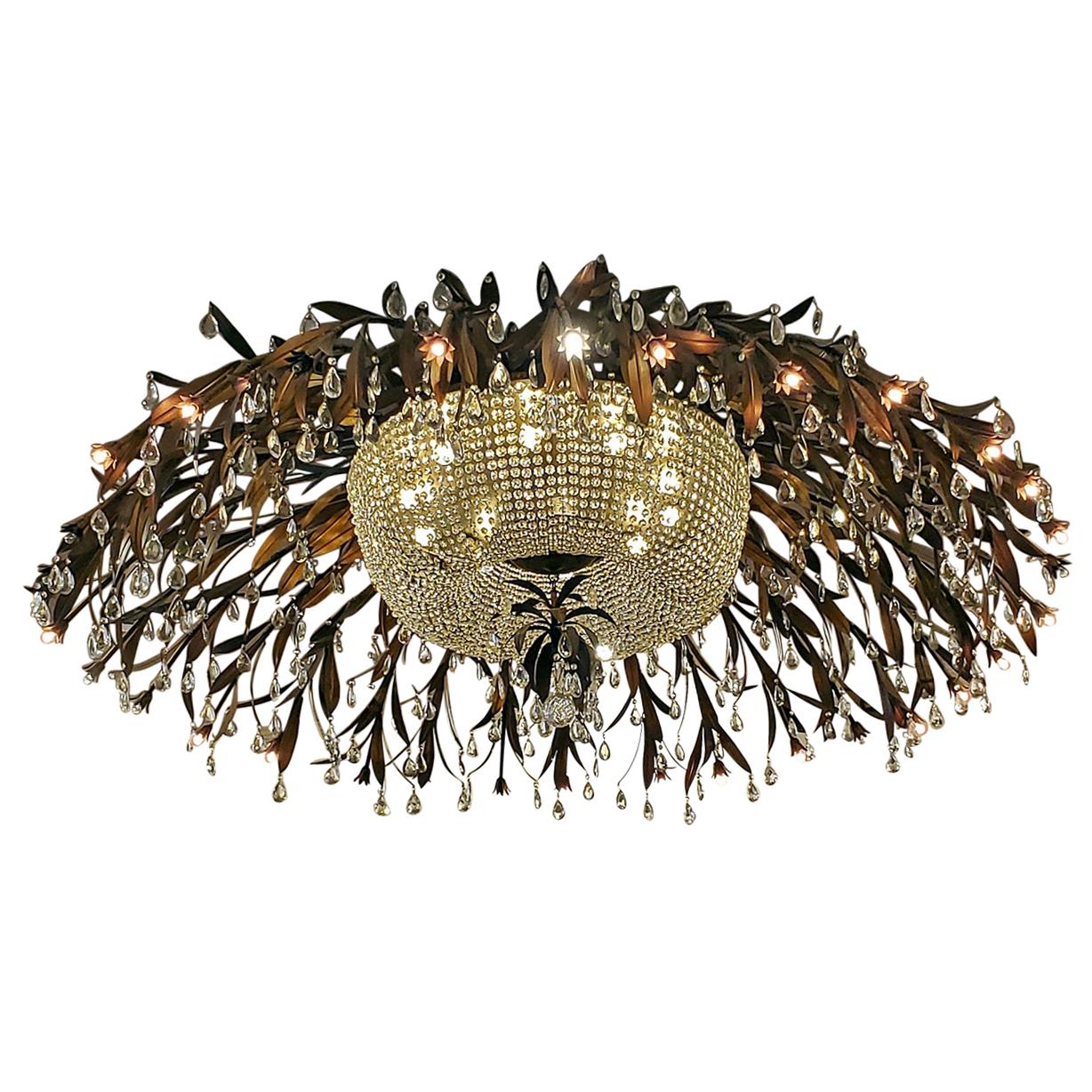 Monumental Bronze and Floral Crystal Chandelier with Provenance